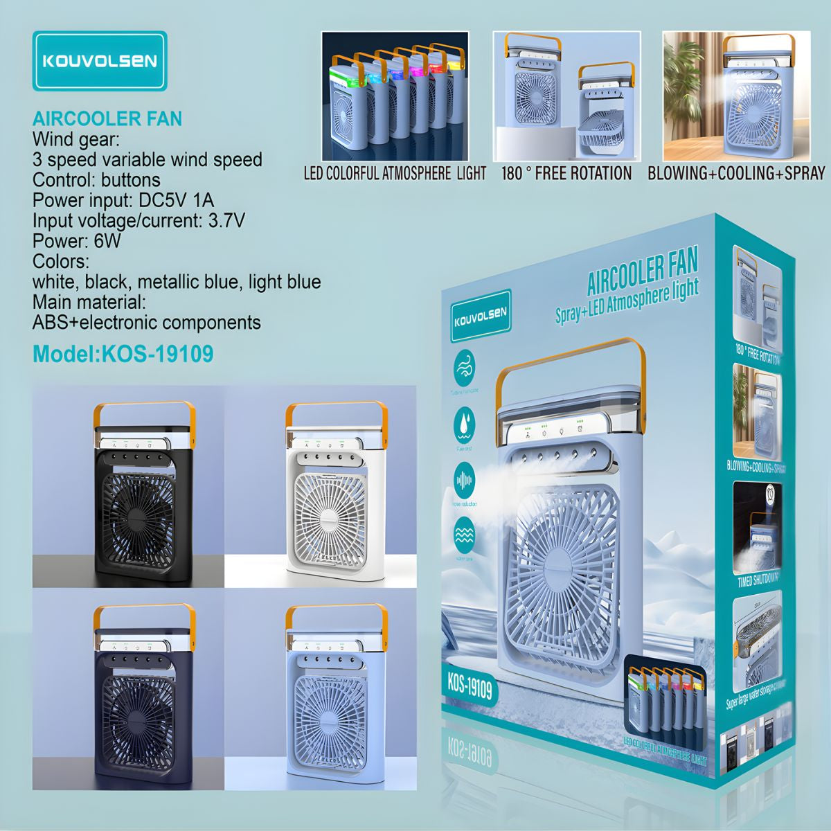 Ventilador Portátil con Humidificador y Spray de Agua. Abanico Recargable USB con Luz LED RGB, 3 Velocidades y Tanque de Agua. Color morado.