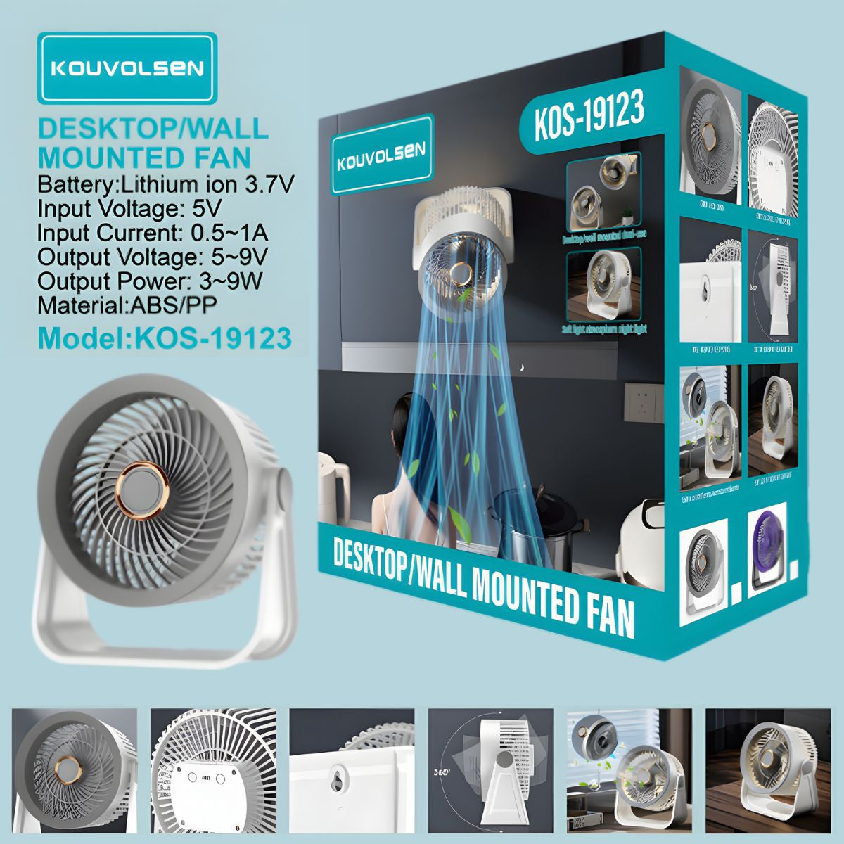 Ventilador Portátil Recargable 2 en 1 de Escritorio y Pared. Abanico con Carga USB 5V. Color Blanco.