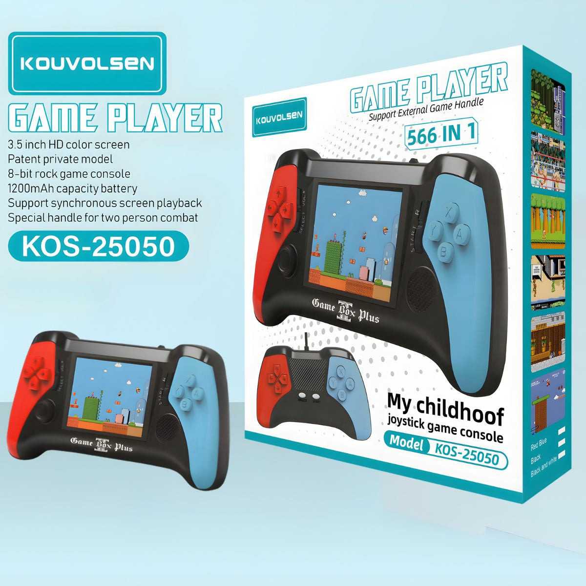 Consola de videojuegos Portátil Retro 3.5” HD 566 Juegos Integrados. Videojuego 8 Bit con Salida a TV. Color rojo y azul.
