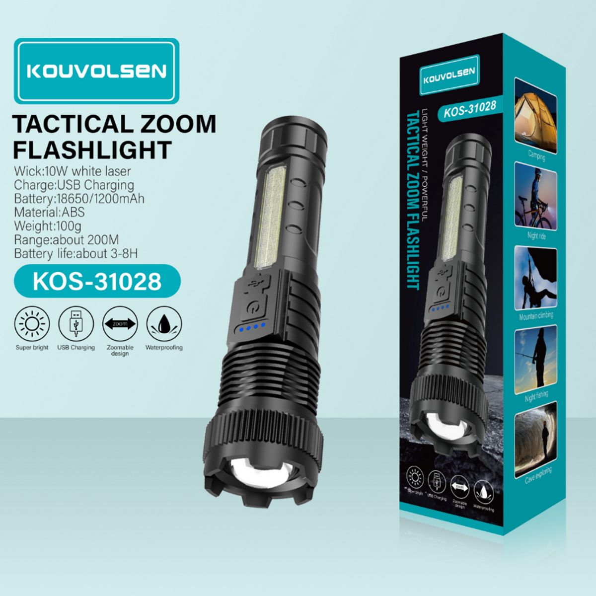 Linterna LED Recargable de Alta Potencia 10W. Luz Blanca con Zoom Ajustable. Alcance Hasta 200 Metros. Resistente al Agua.
