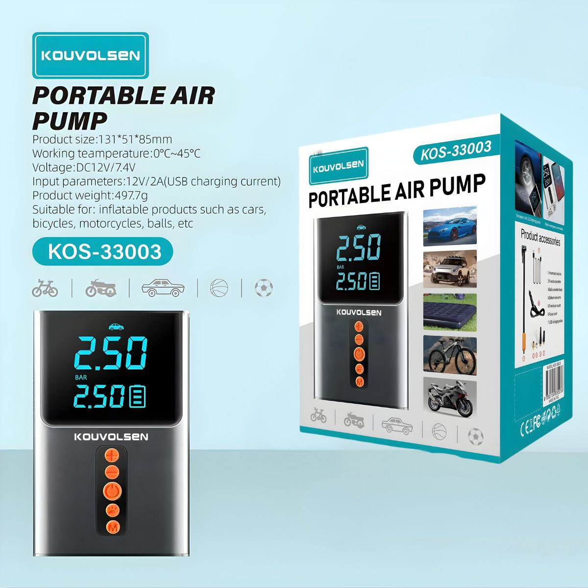 Inflador de Aire Portátil Digital Inalámbrico 150PSI con Pantalla LCD y Luz LED. Inflador de Llantas para Autos, Motos y Bicicletas.