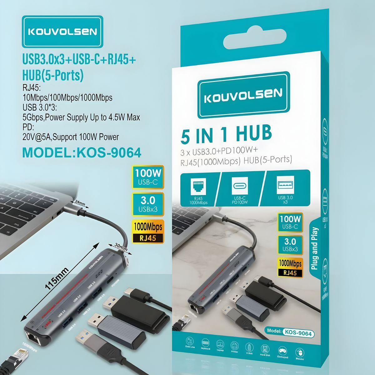 Hub USB 5 En 1 Multifuncional. Adaptador De Alta Velocidad Con Puerto USB-C, 3 Puertos USB 3.0 Y Ethernet RJ45.