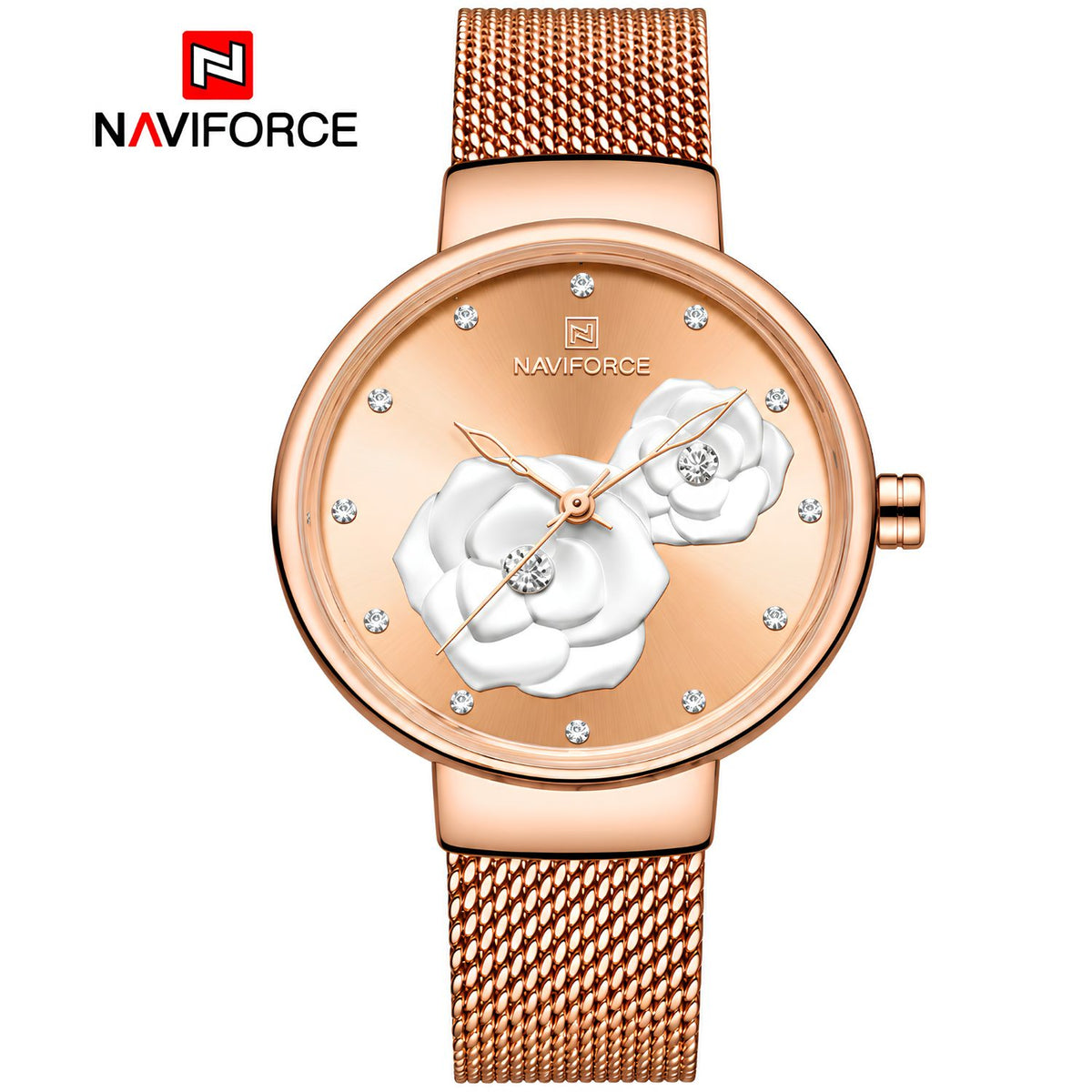Naviforce Reloj Analógico Rose Gold con Esfera Rose Gold, Correa de Malla de Acero Inoxidable, Diámetro de 32 mm y Resistencia al Agua 3 ATM.