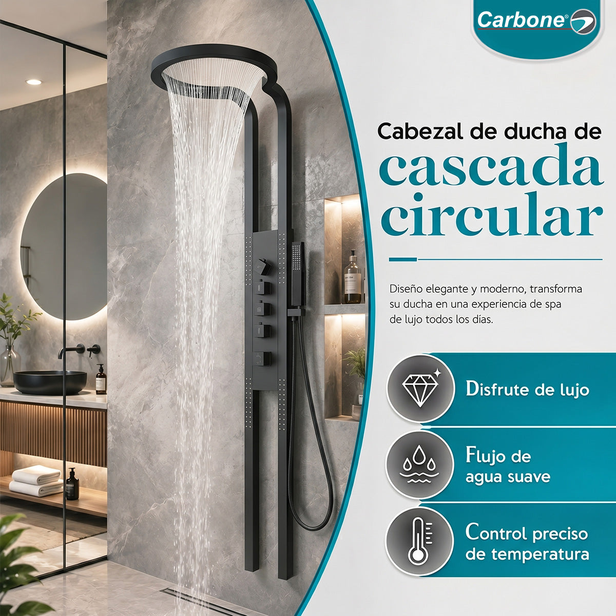 Ducha Circular Cascada con Panel Hidromasaje (55cm). Regadera Para Baño Multifuncional con Rociador Superior y Ducha Presurizada en Acero Inoxidable. Negra