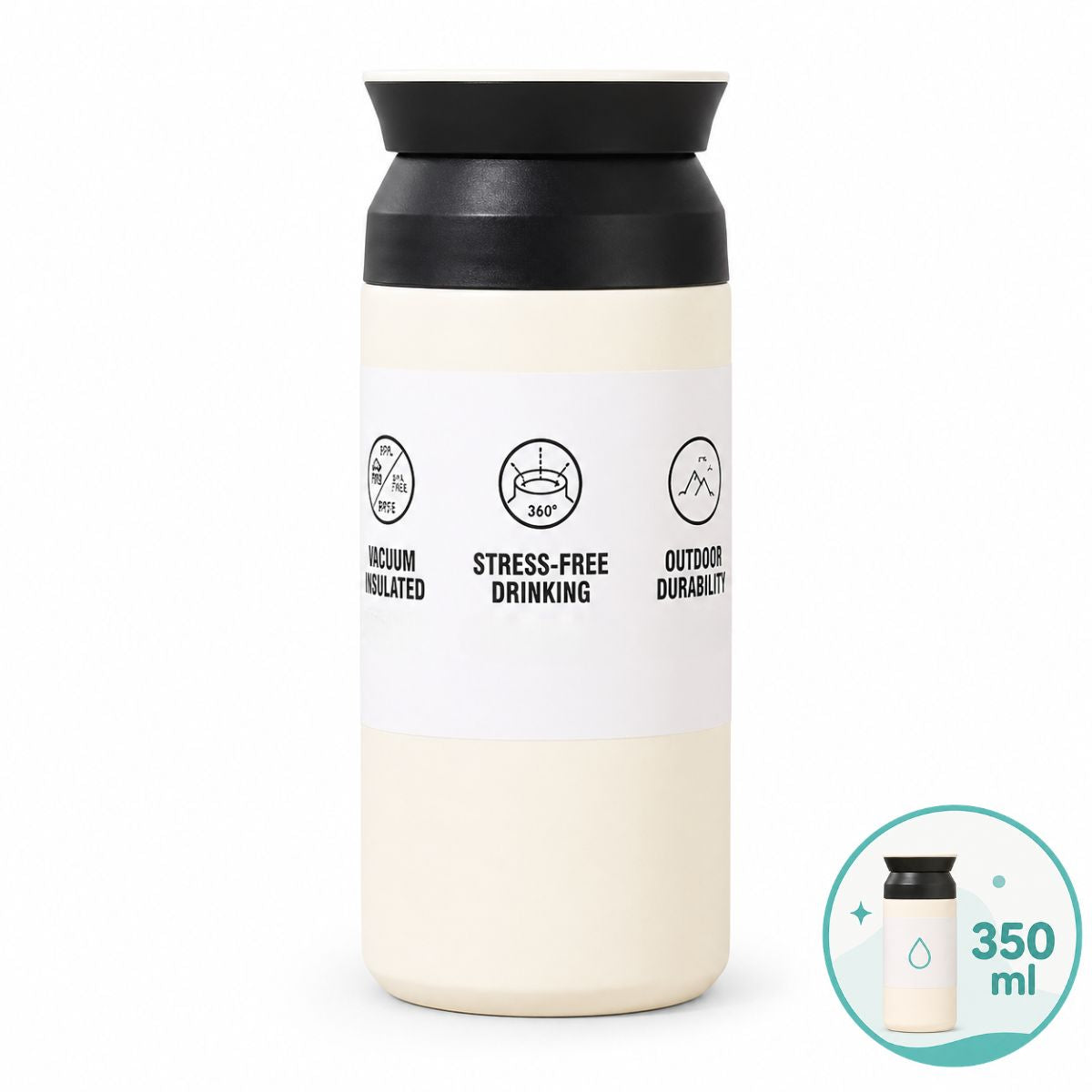 Botella Térmica para Bebidas Calientes y Frías en Acero Inoxidable 304. Taza Portátil Antifugas para Auto y Viaje con Doble Pared Aislada. 350ml Color Blanco