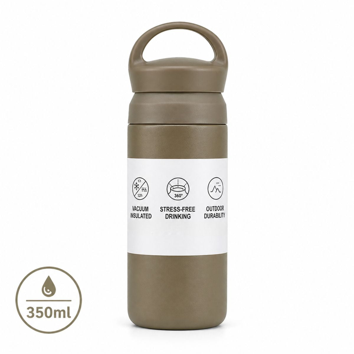 Botella Térmica de Acero Inoxidable 304 con Asa. Vaso Aislado al Vacío Antifugas, con Doble Pared, Portátil para Bebidas Calientes y Frías. Color Khaki. 350ml