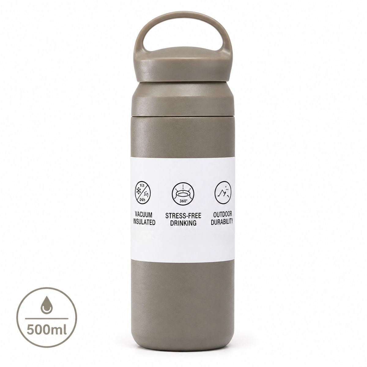Botella Térmica de Acero Inoxidable 304 con Asa. Vaso Aislado al Vacío Antifugas, con Doble Pared, Portátil para Bebidas Calientes y Frías. Color Khaki. 500ml