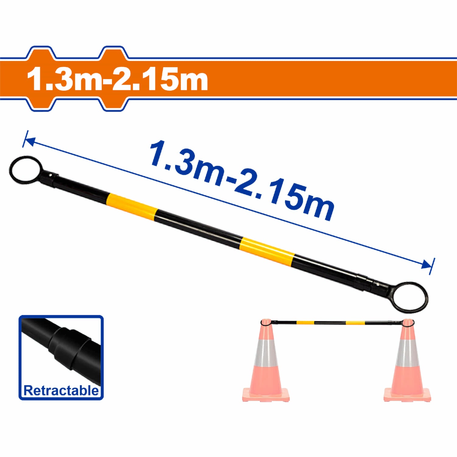 Barra Retráctil para Conos de Tráfico Reflectivo 1.3m a 2.15m Diámetro 10mm. Barra expandible para conos.