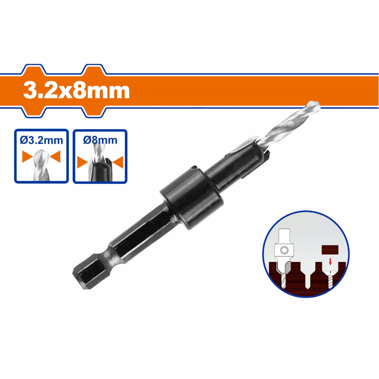 Broca Avellanadora 3.2x8mm Vástago Hexagonal 1/4" Incluye llave