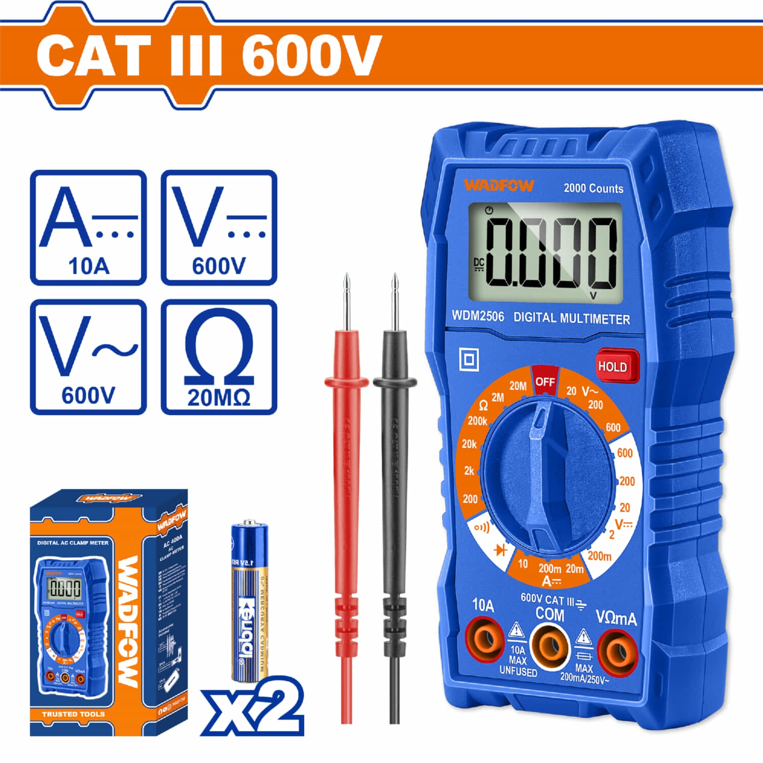 Multímetro Digital 2000 dígitos. CAT III 600V. Función batería baja. Incluye 2 baterías AA R03