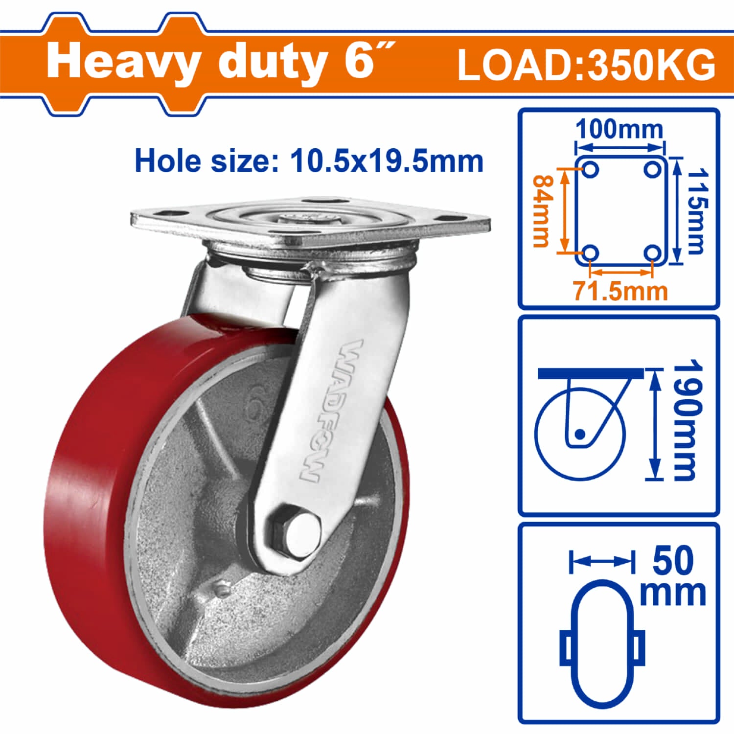 Rueda giratoria 6" Serie trabajo pesado Carga 350Kg Acero y Plástico rojo. Rodachin
