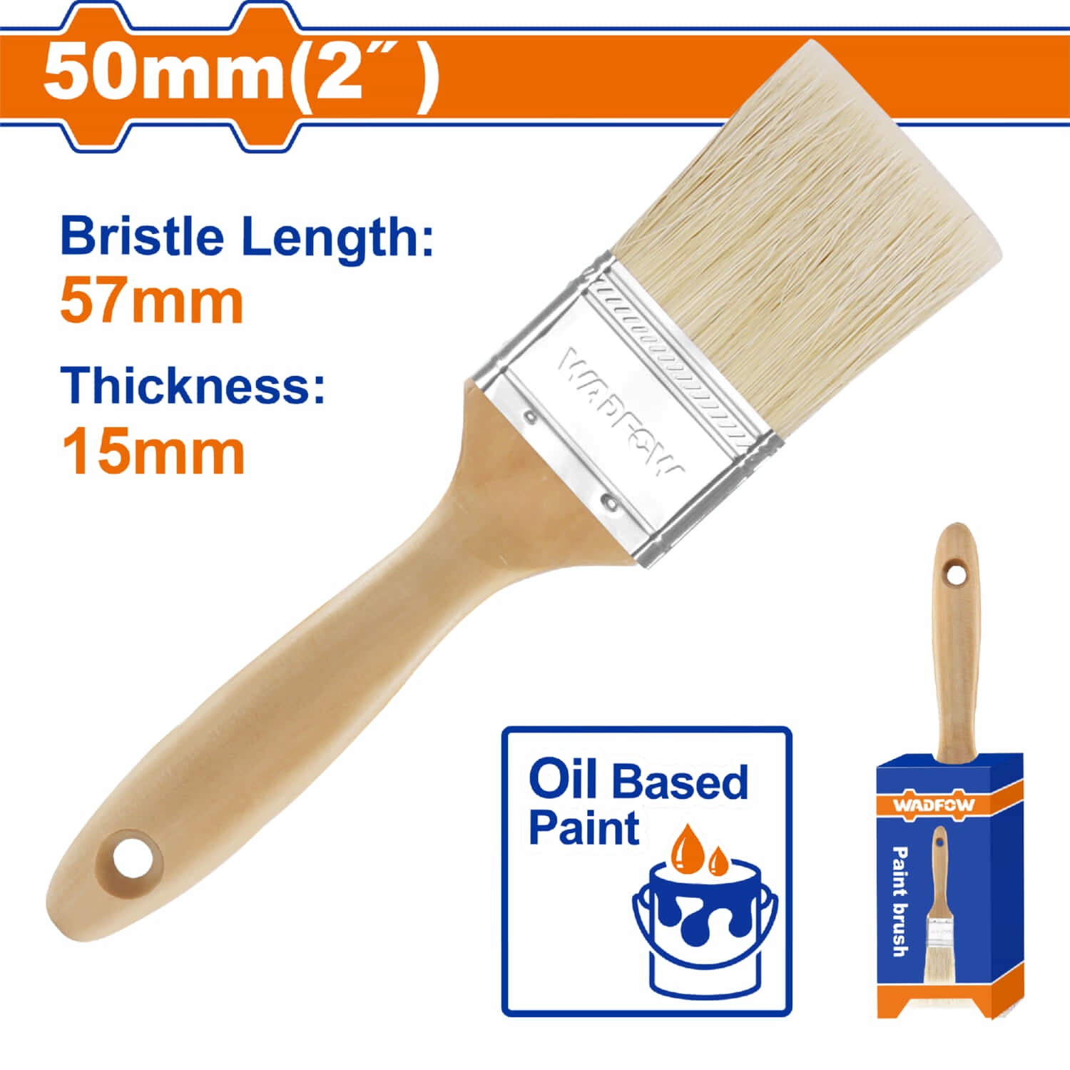 Pincel para pintura al óleo 2" (50mm) Long 57mm, Grosor 15mm. Mango de Madera. Brocha