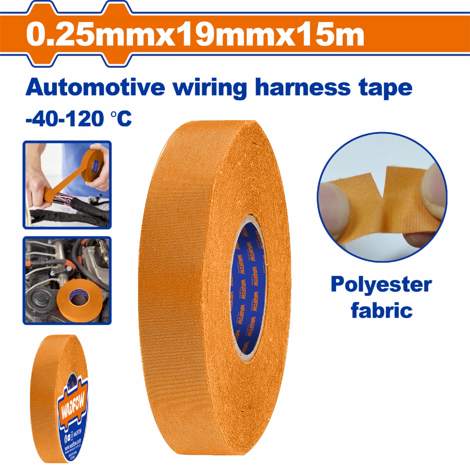 Cinta adhesiva de tela Poliéster para cables y arneses eléctricos. Temperatura -40-120°C. Naranja 19mm x 15mts. Gutapercha