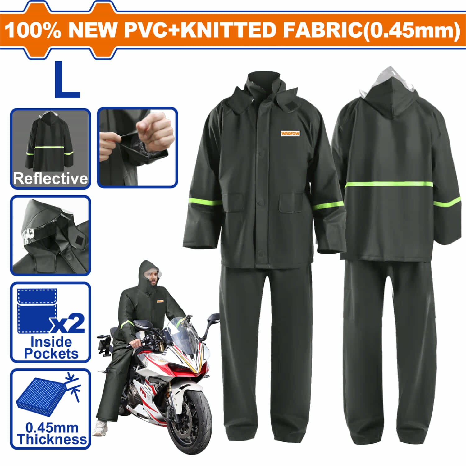 Jacket y Pantalon Impermeable para Lluvia Motorizado Talla L PVC 0.45mm Cinta Reflectiva Transpirable Color Negro