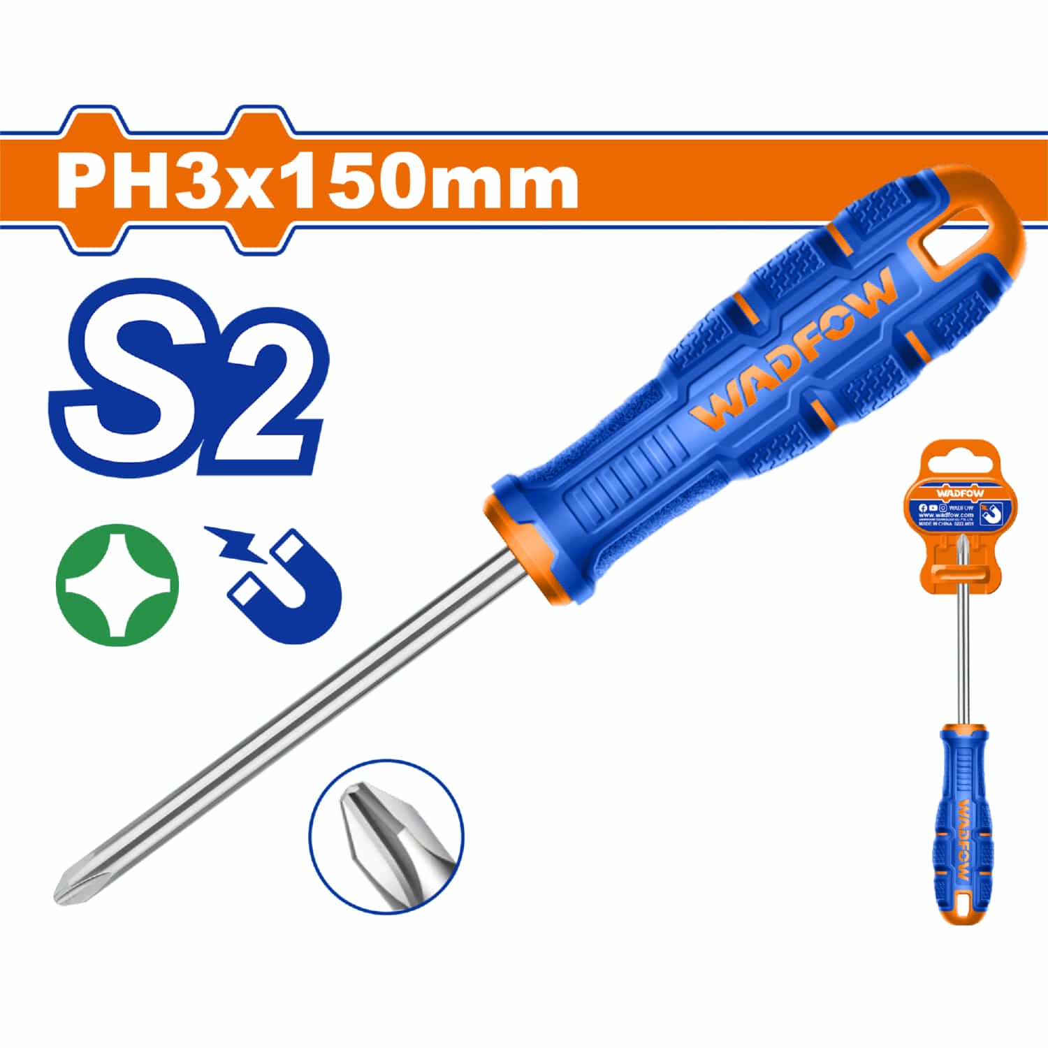 Destornillador Phillips PH3 Diámetro: 8mm. Largo:150mm. Punta magnetizada.