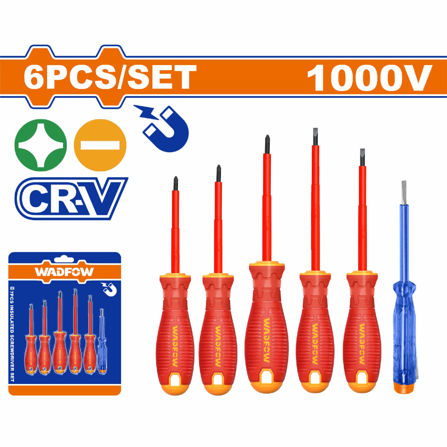 Destornilladores Aislados Punta Plana y Phillips. 6 piezas. Punta Magnética. 1000V. Vástago redondo y 1 lápiz de prueba 140mm. Insulados para electricista