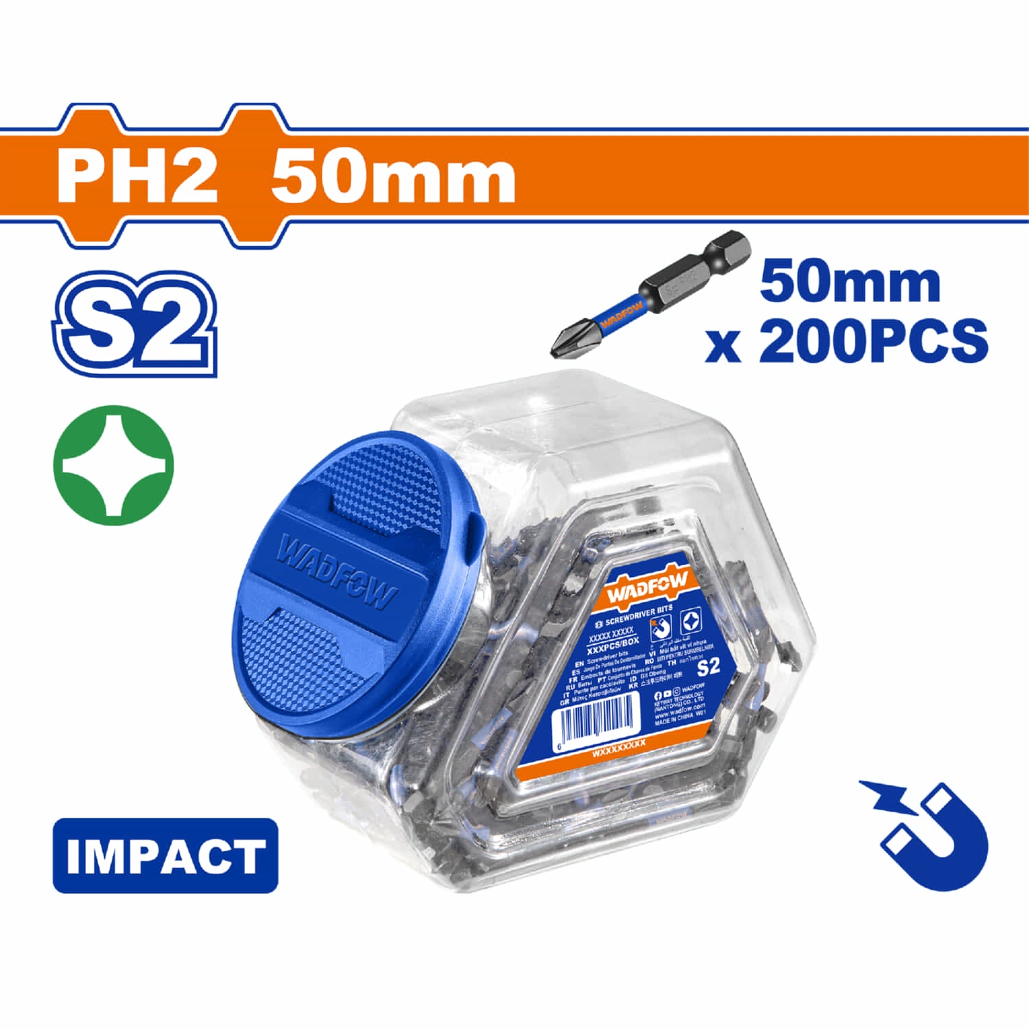 Puntas de destornillador impacto PH2 50mm S2 Superficie negra magnética Caja 200 pzas