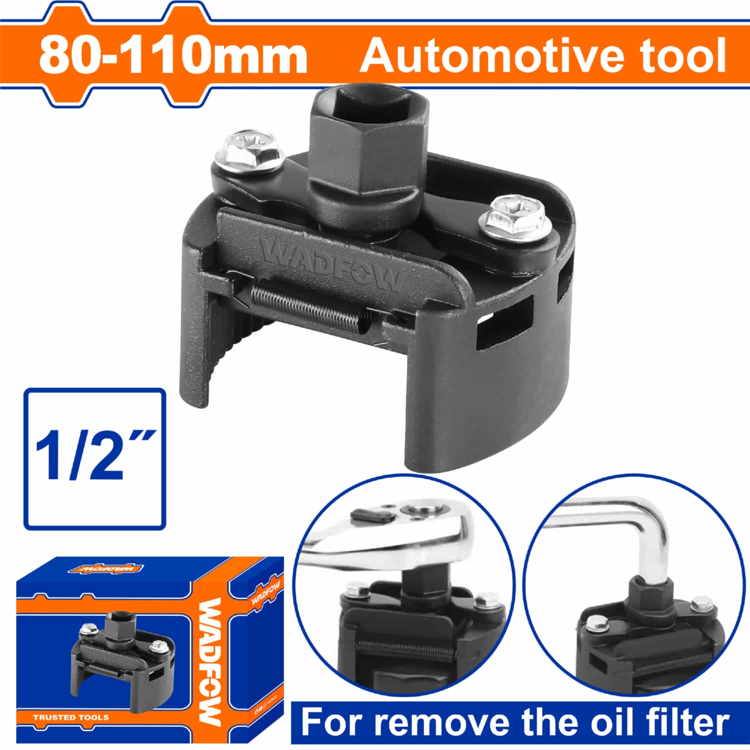 Llave de Filtro de Aceite Ajustable 80-110mm Adaptado a llave de 1/2" Acero al Carbono. Mordaza Dentada.