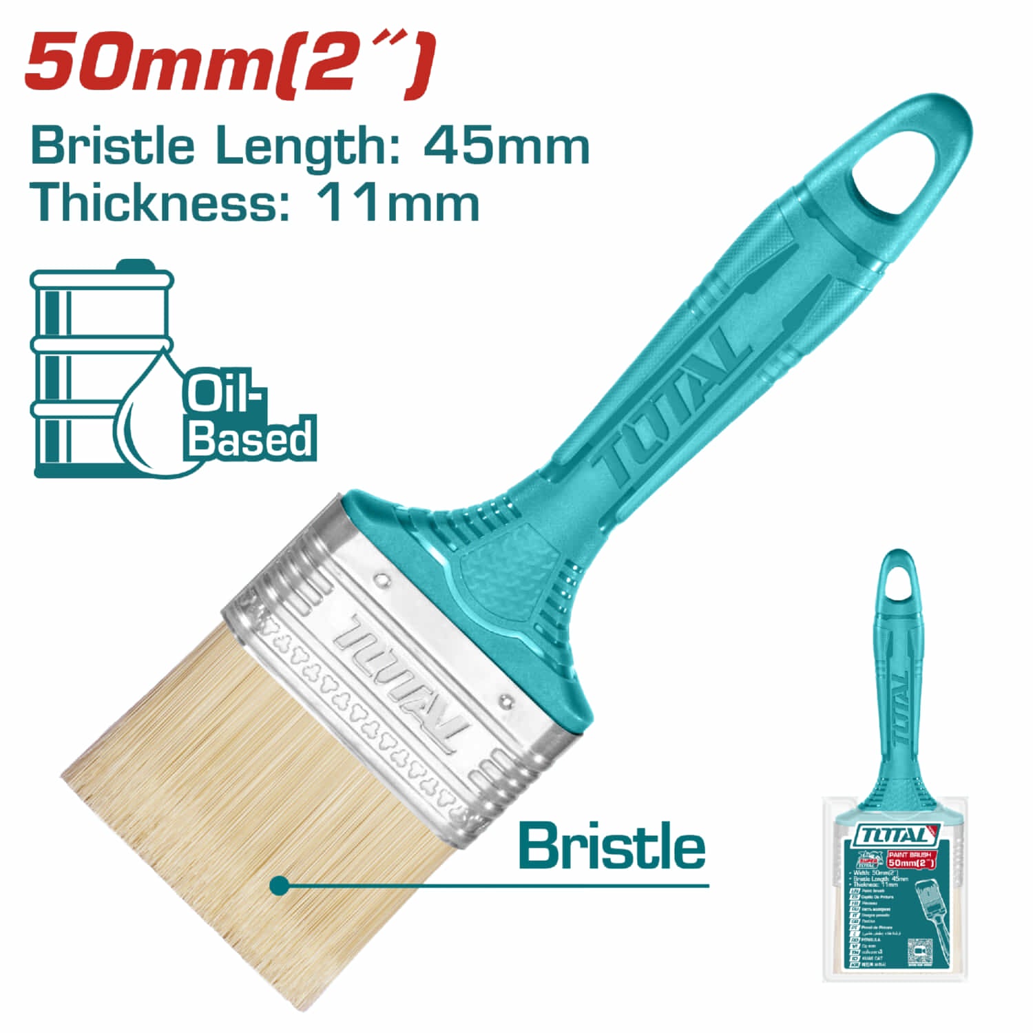 Brocha de 2" (50.8mm). Largo 45mm grueso del pelo 11mm. Mango de plástico.