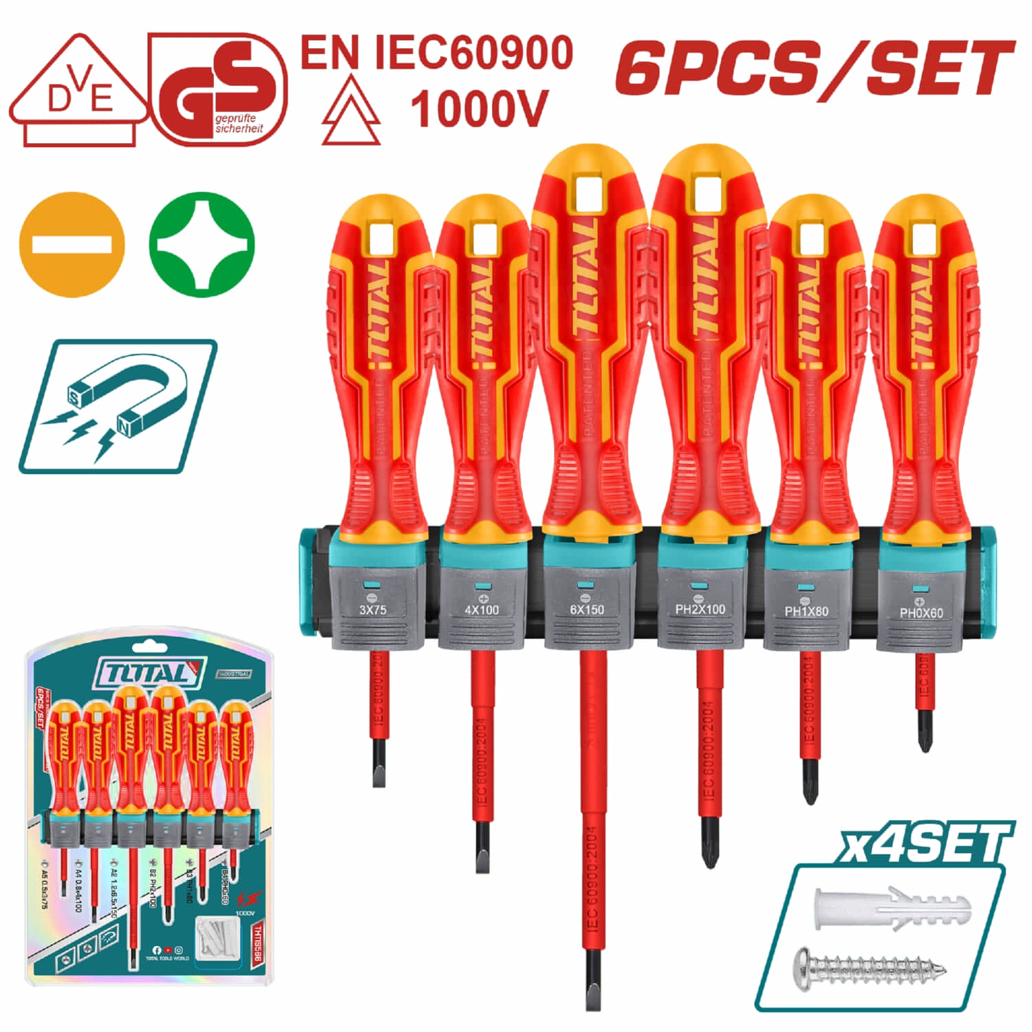 Juego 6pza Destor.Insul.Cr-V.1000volts.Cert VDE SL3.0×75,SL4.0×100,SL6.5×150,PH0×60,PH1×80,PH2×100