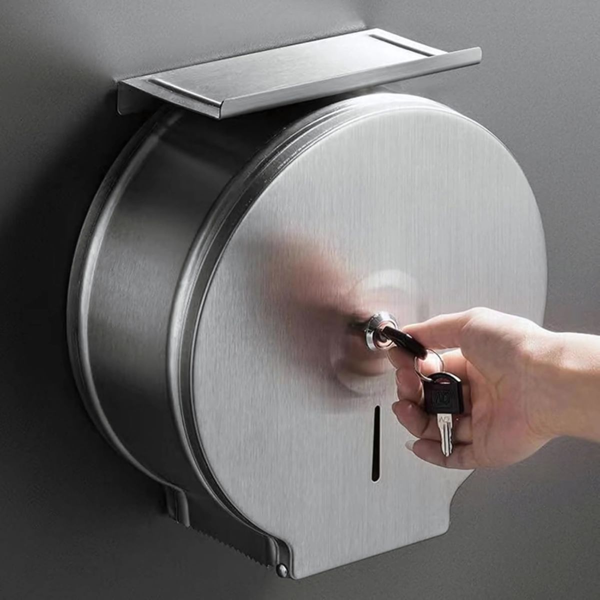 Dispensador de Papel Higiénico de Acero Inoxidable con Bandeja para Celular. Portarrollos Jumbo con cerradura.