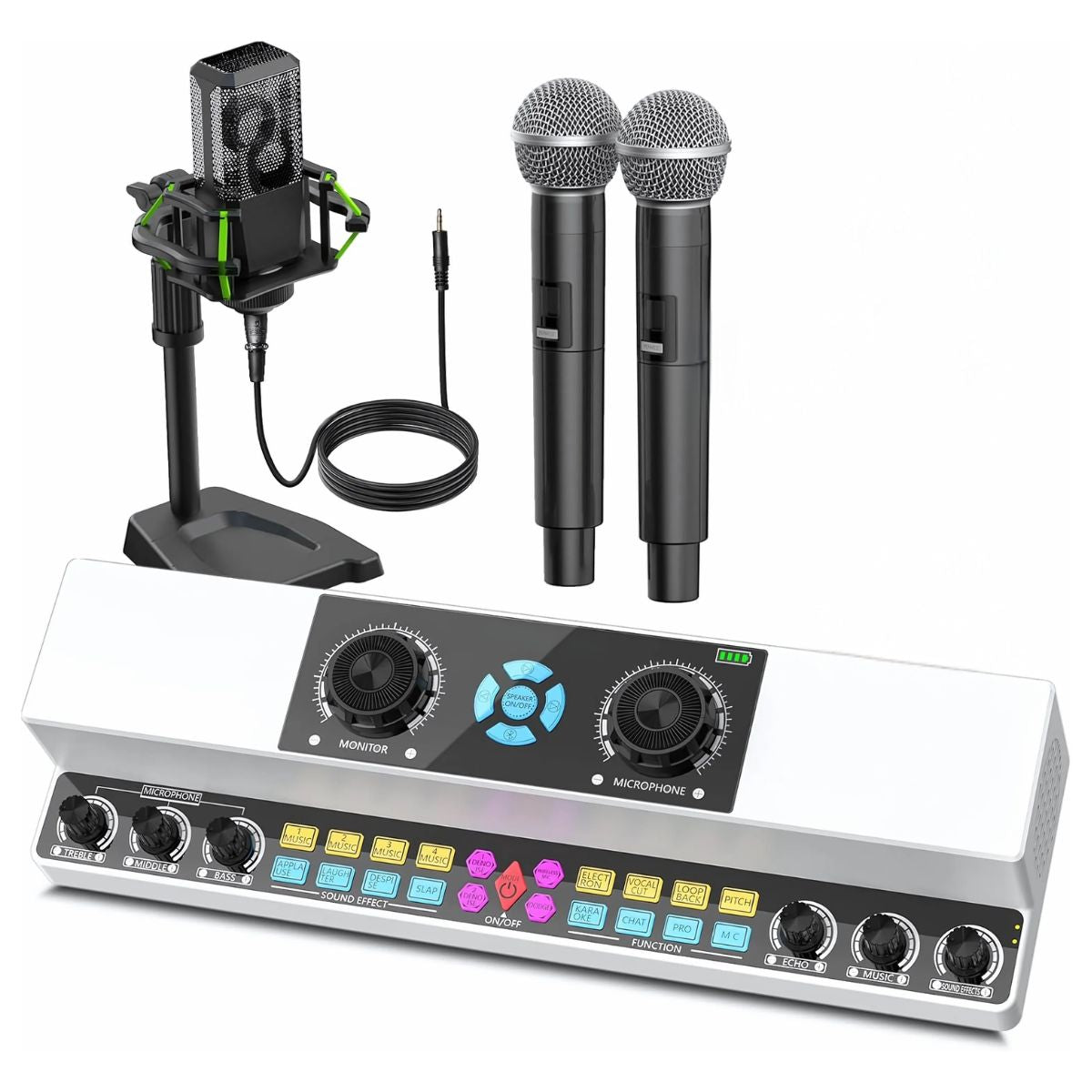Consola de Audio con Micrófonos Inalámbricos. Mezcladora de Sonido Portátil con Efectos y Micrófonos. Karaoke en casa.