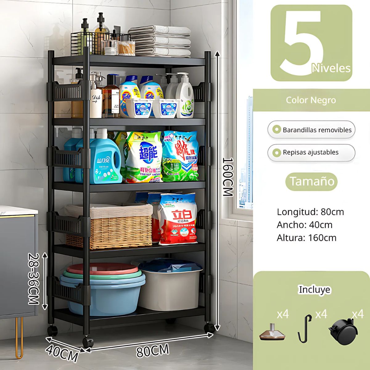 Estante Organizador Con Ruedas De 5 Niveles. Color Negro 160x80x40cm. Anaquel Multiusos Con Repisas Ajustables y Barandillas Removibles.