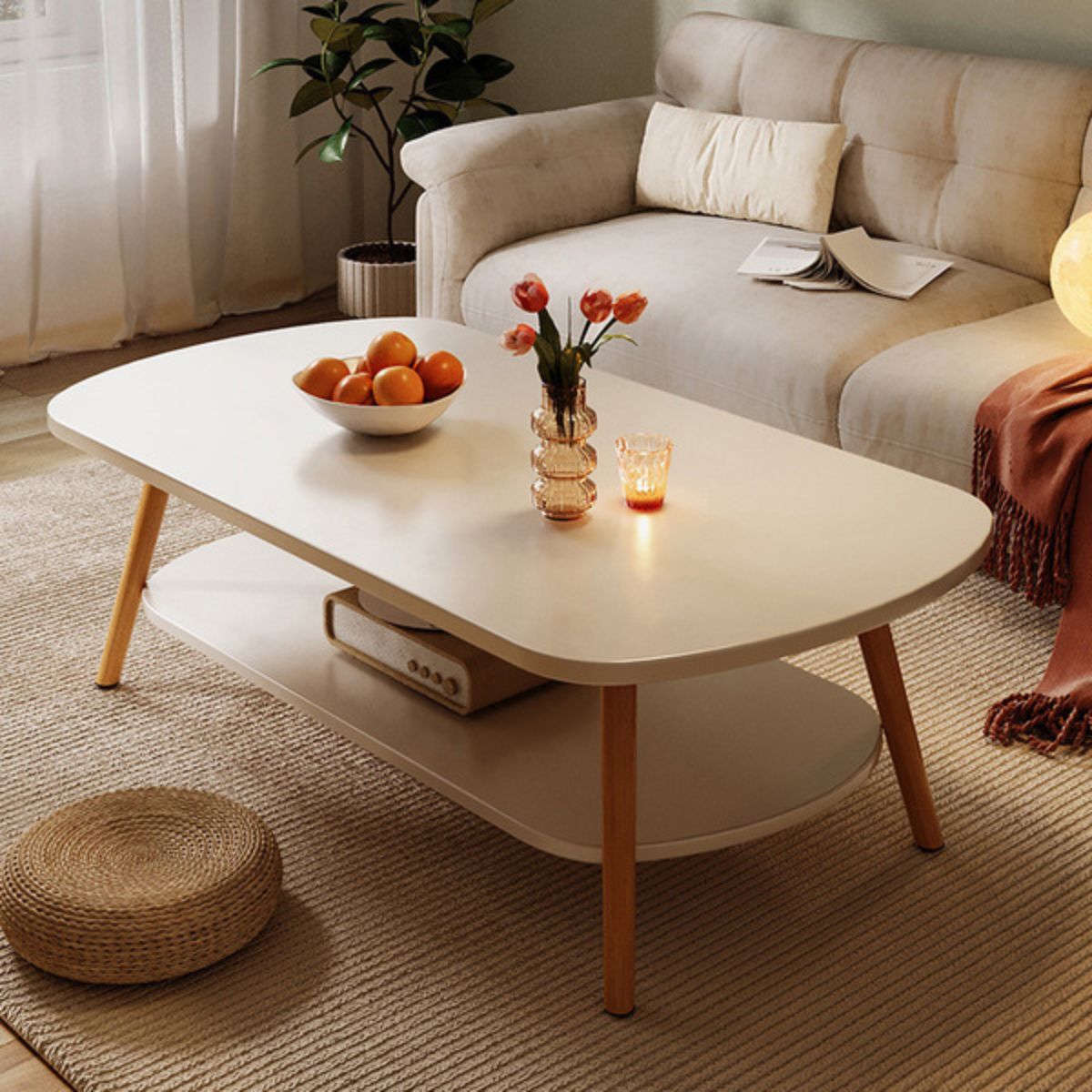 Mesa de Centro Moderna con Repisa Inferior 100x50x42cm. Esquinas Redondeadas. Color blanco.