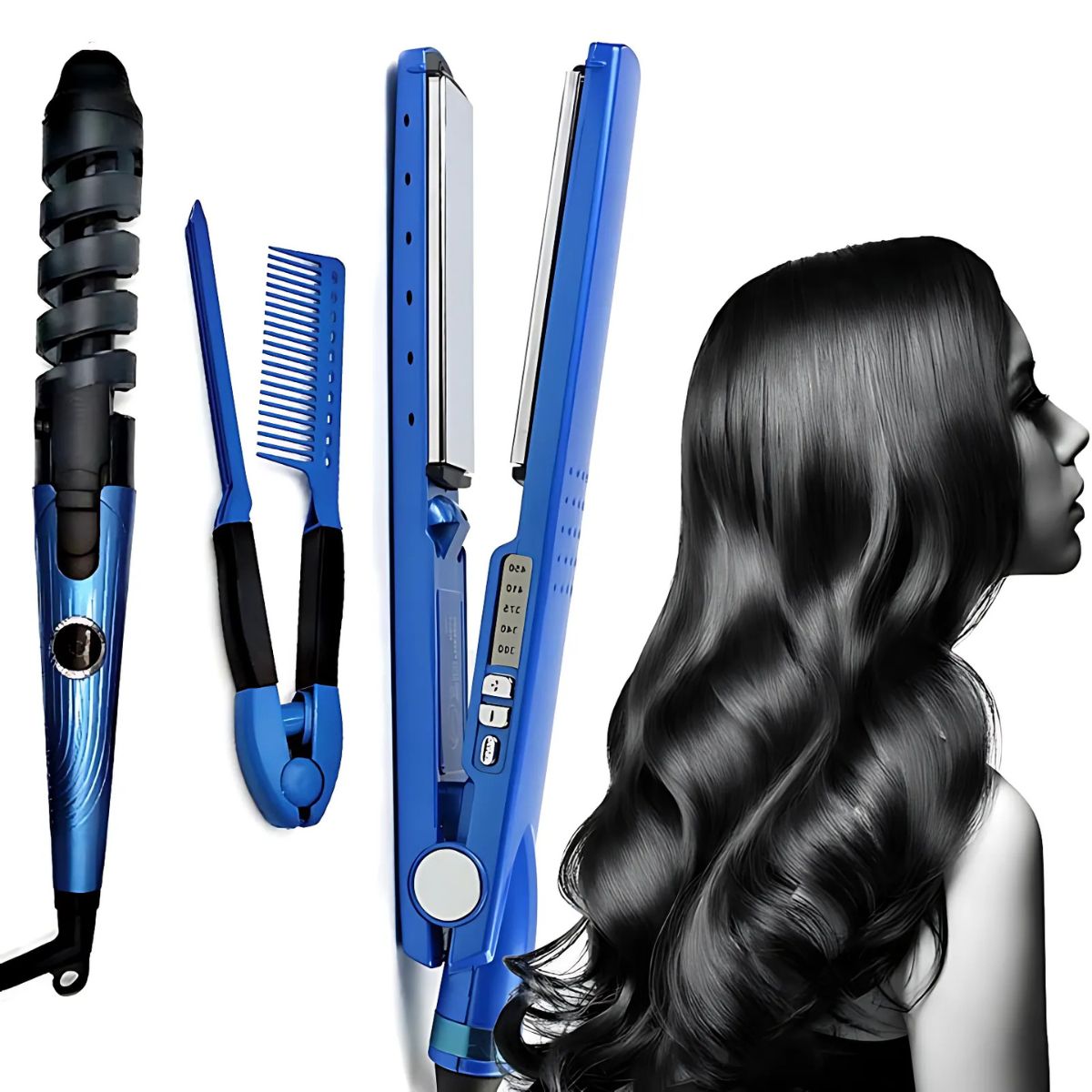 Plancha, Rizador y Peine Térmico de Titanio. Set Profesional 3 en 1 para Cabello. Con Control de Temperatura.