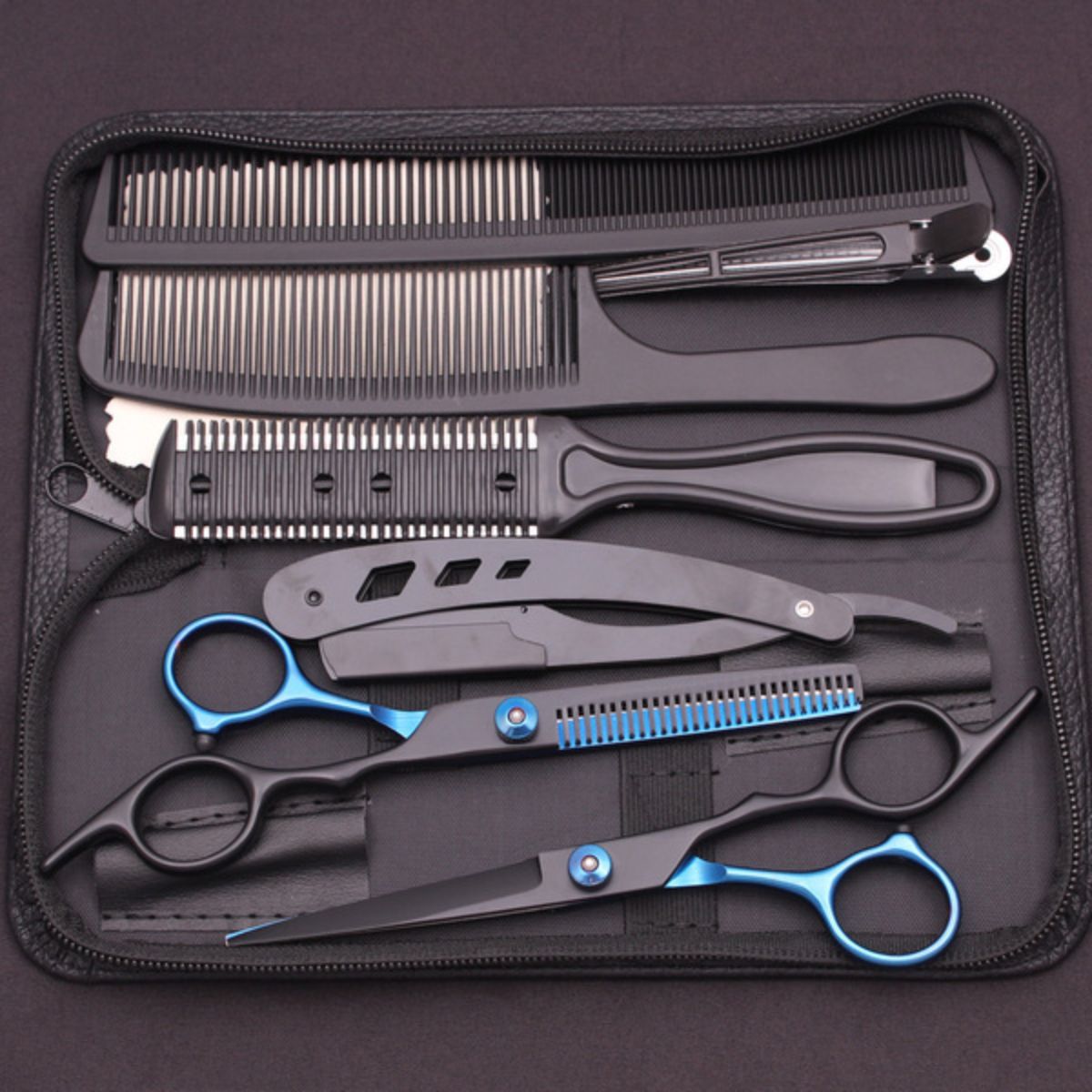 Tijeras Profesionales para Peluquería. Set para Peluquero y Estilistas. (Juego de 7 piezas) Incluye Navaja y Peines