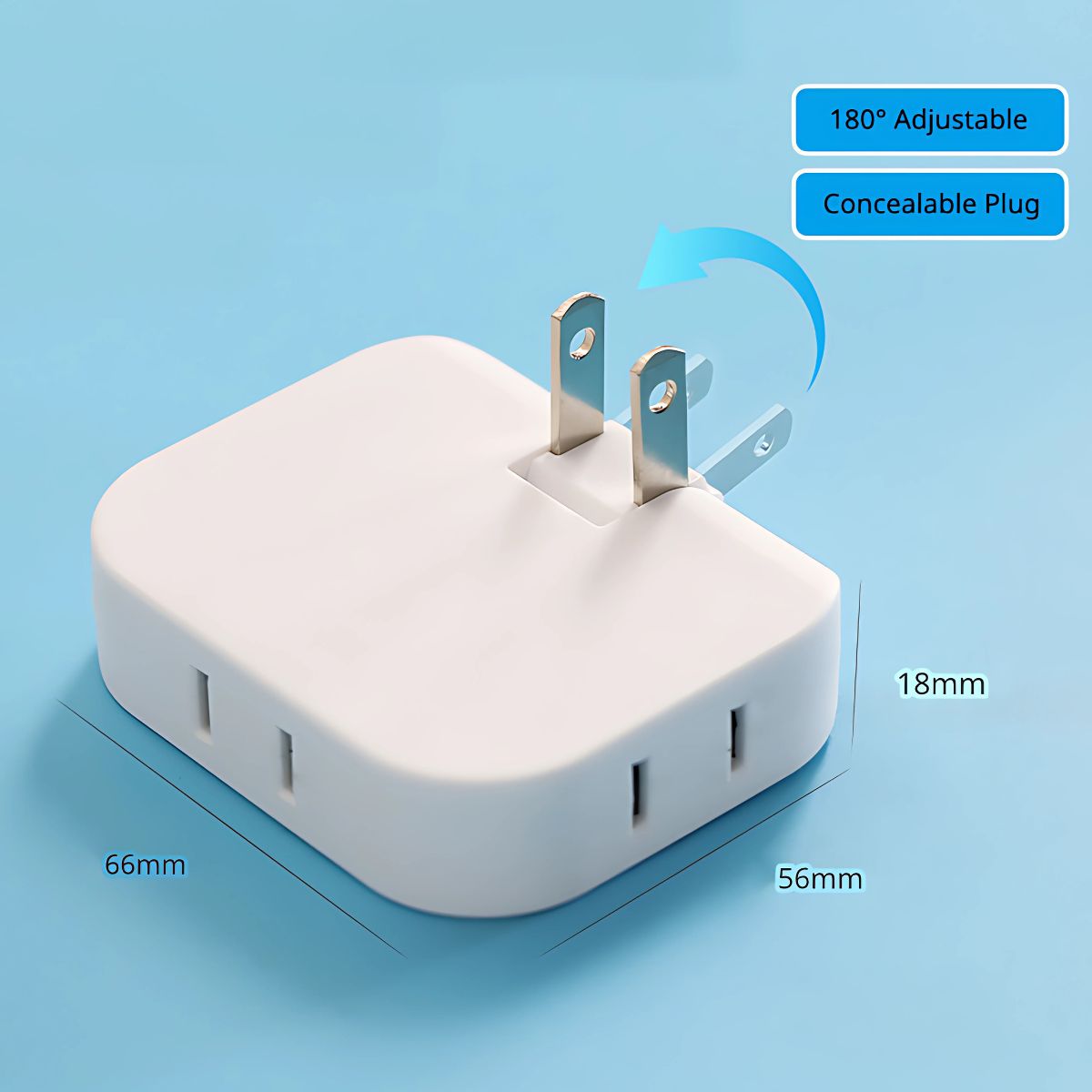 Adaptador de tomacorriente con 3 salidas. Enchufe triple giratorio. Color blanco.