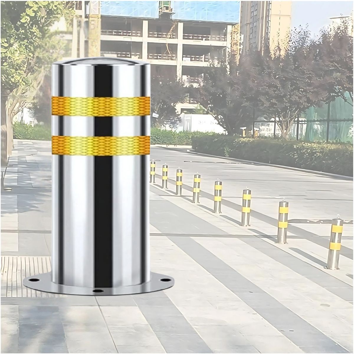 Bolardo de estacionamiento 6.6". Poste de seguridad de acero inoxidable. 168x400 mm. Con franjas amarillas. Espesor 2.5mm.
