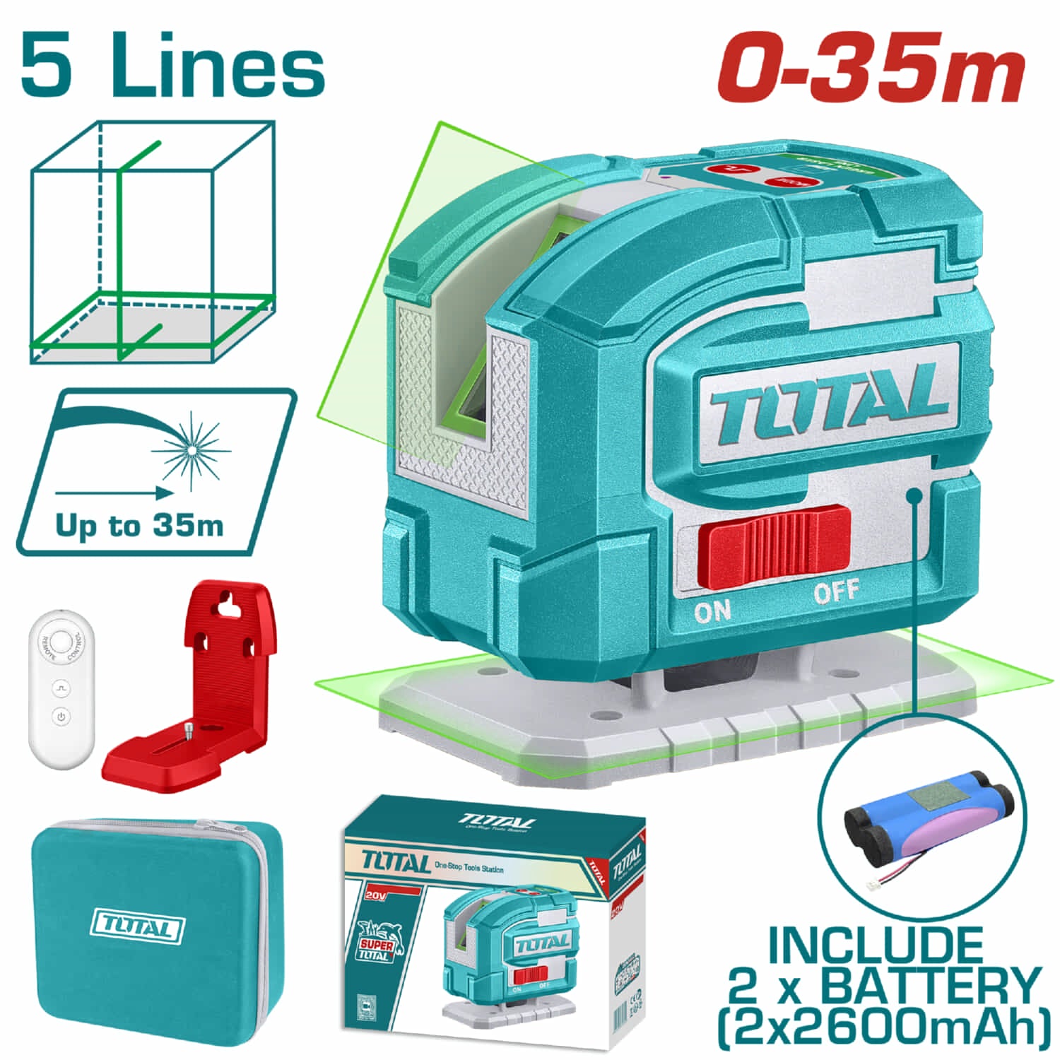 Nivel de Láser Autonivelante Verde 360°. Alcance 35m. Precisión ±1.5mm. Con control remoto y soporte magnético.