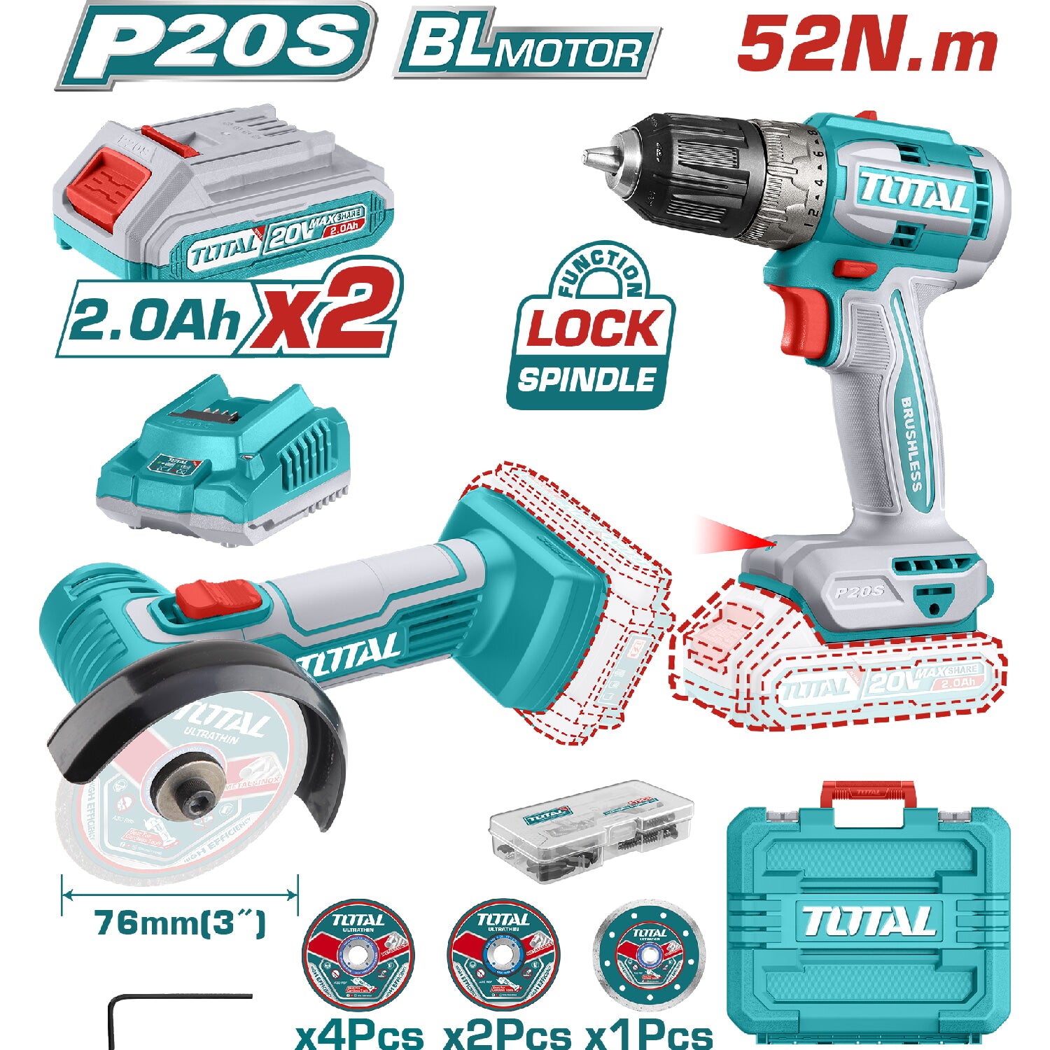 Combo del mes Total Cortadora Mini Compacta 3" y Taladro Inalámbrico Motor sin escobillas 52Nm con Batería y cargador. POCAS UNIDADES