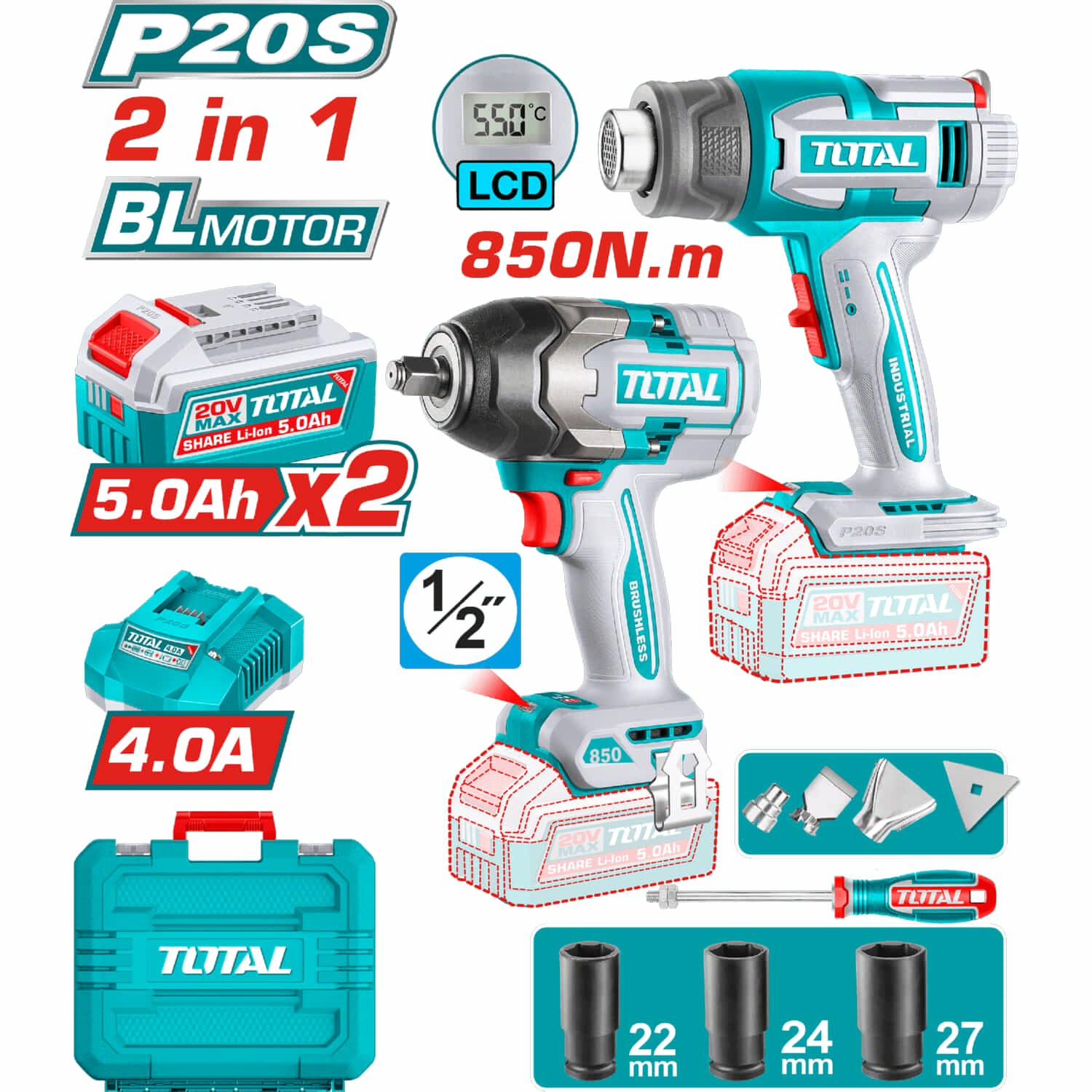 Combo Total Inalámbrico 20V: Llave de impacto 1/2" 850N.m y Pistola de calor 30 ~ 550 °C. Incluye accesorios, baterías y cargador.