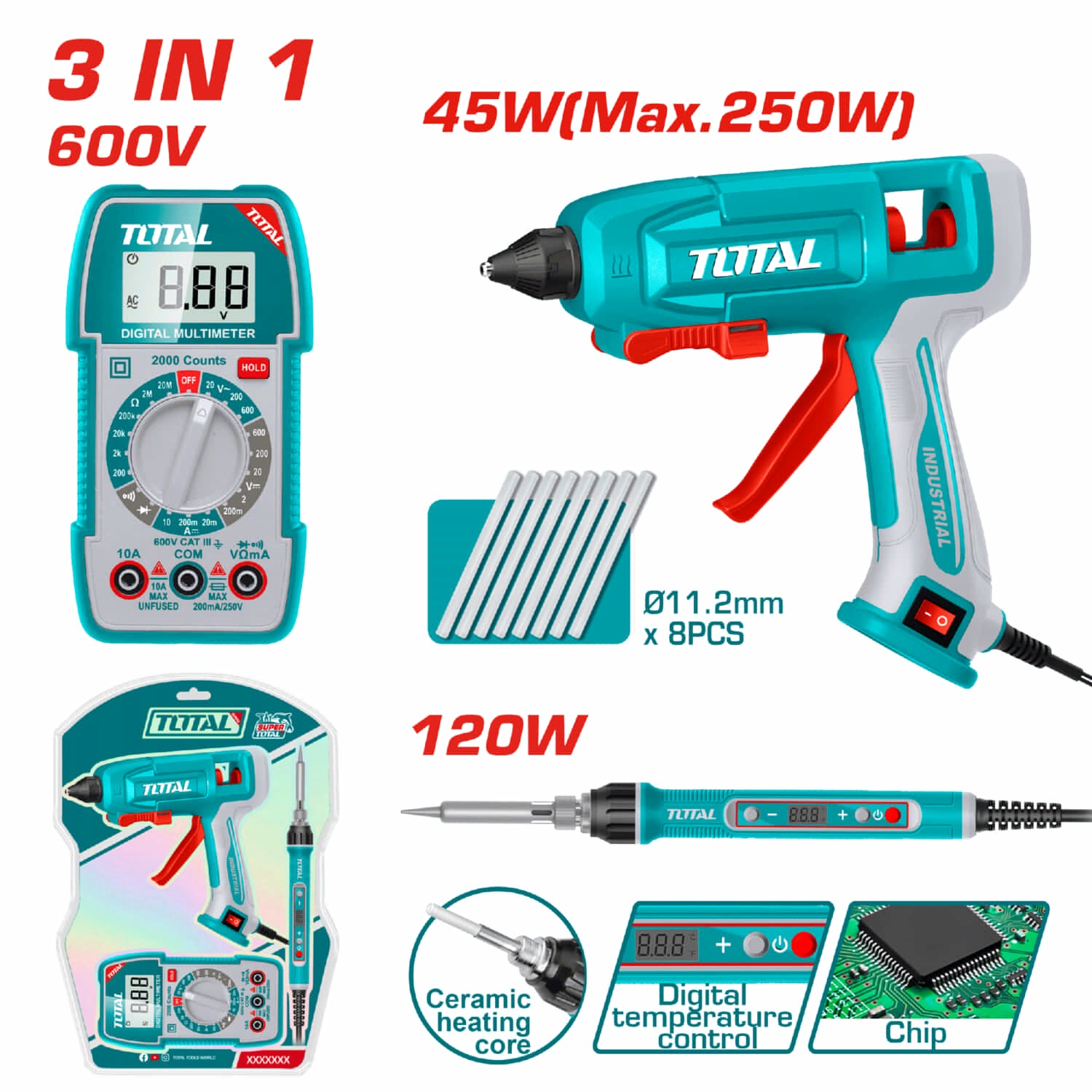 Combo Total de Pistola De Silicona 45W, Cautín 120W Con Pantalla Digital Y Multímetro Digital TRMS.
