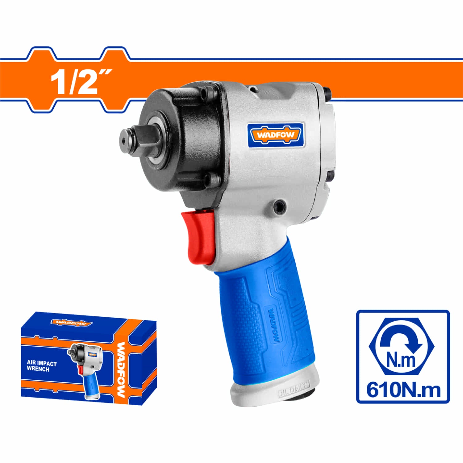 Llave de impacto neumatica sin conector rápido 12.5mm 1/2" 610Nm 8500rpm Consumo de aire 142.5L/min doble martillo.