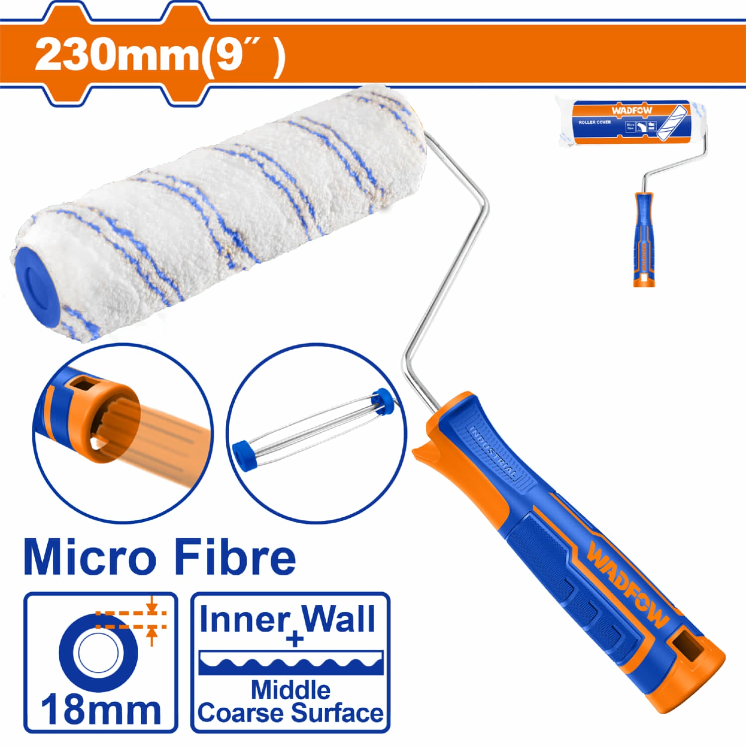 Rodillo de pintar de microfibra, 230mm (9"). Espesor 12mm. Diámetro 6mm. Pared Exterior. Incluye accesorios.