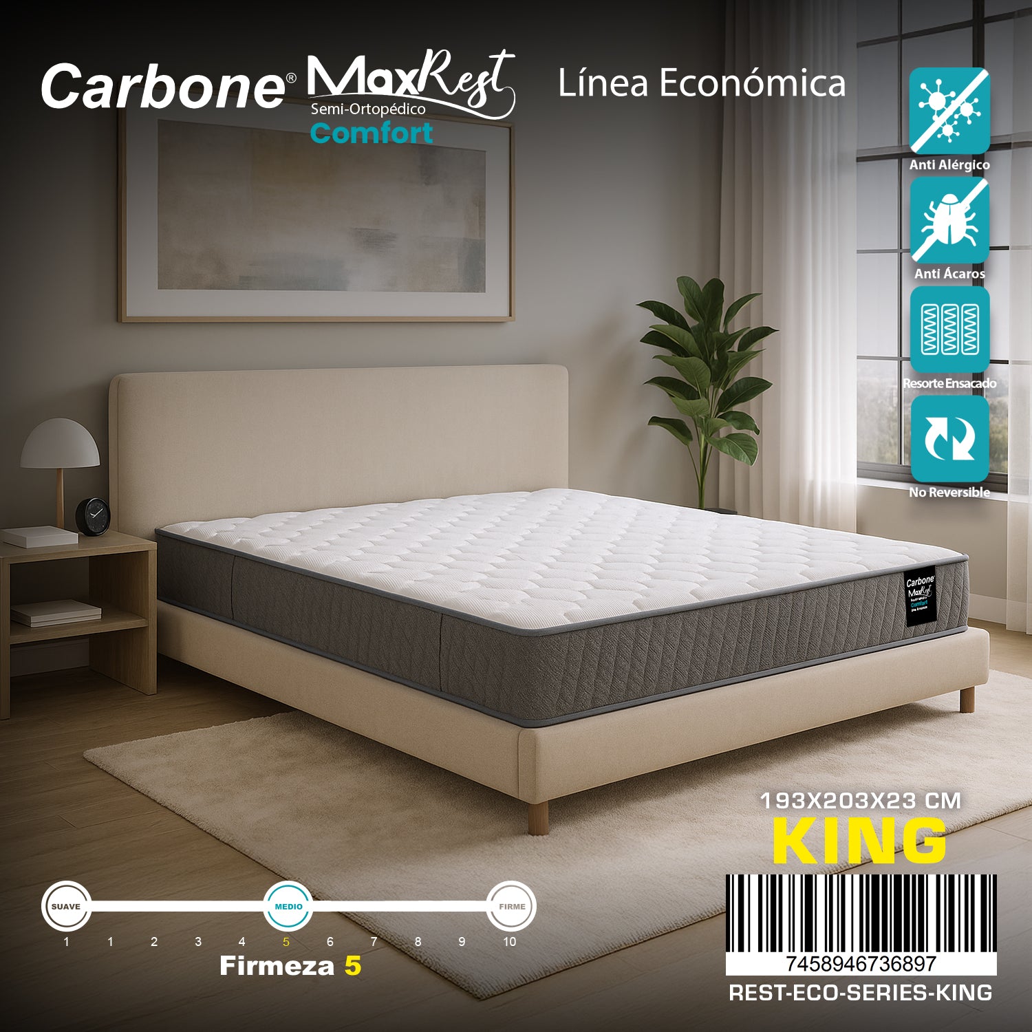 Colchón Semi-Ortopédico Empacado al Vacío Max Rest. Línea económica con Resortes, 23cm (9") Espesor KING 193x203x23cm. Nivel de firmeza 5.