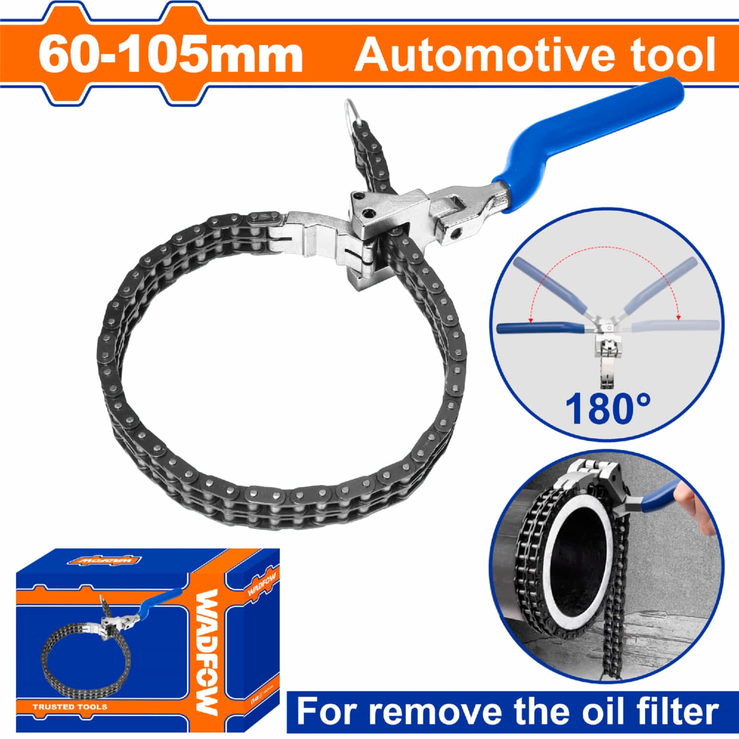 Llave de Cadena para Filtro De Aceite Rango 60-105mm Acero Mn Mango 180° Ideal para remover filtro de aceite.