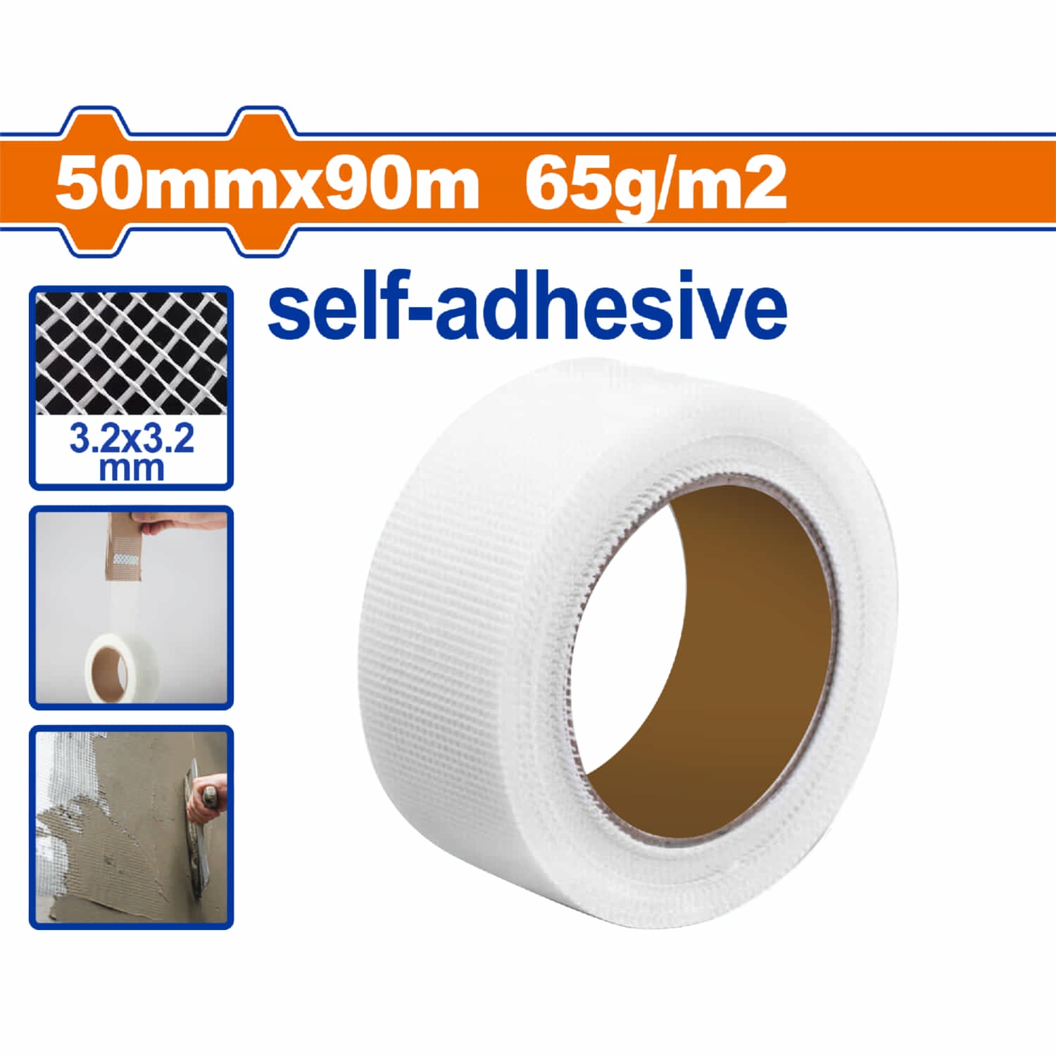 Cinta autoadhesiva malla de fibra de vidrio para trabajos de gypsum y juntas de adhesión. 50mmx90m 65g/m2 Blanco