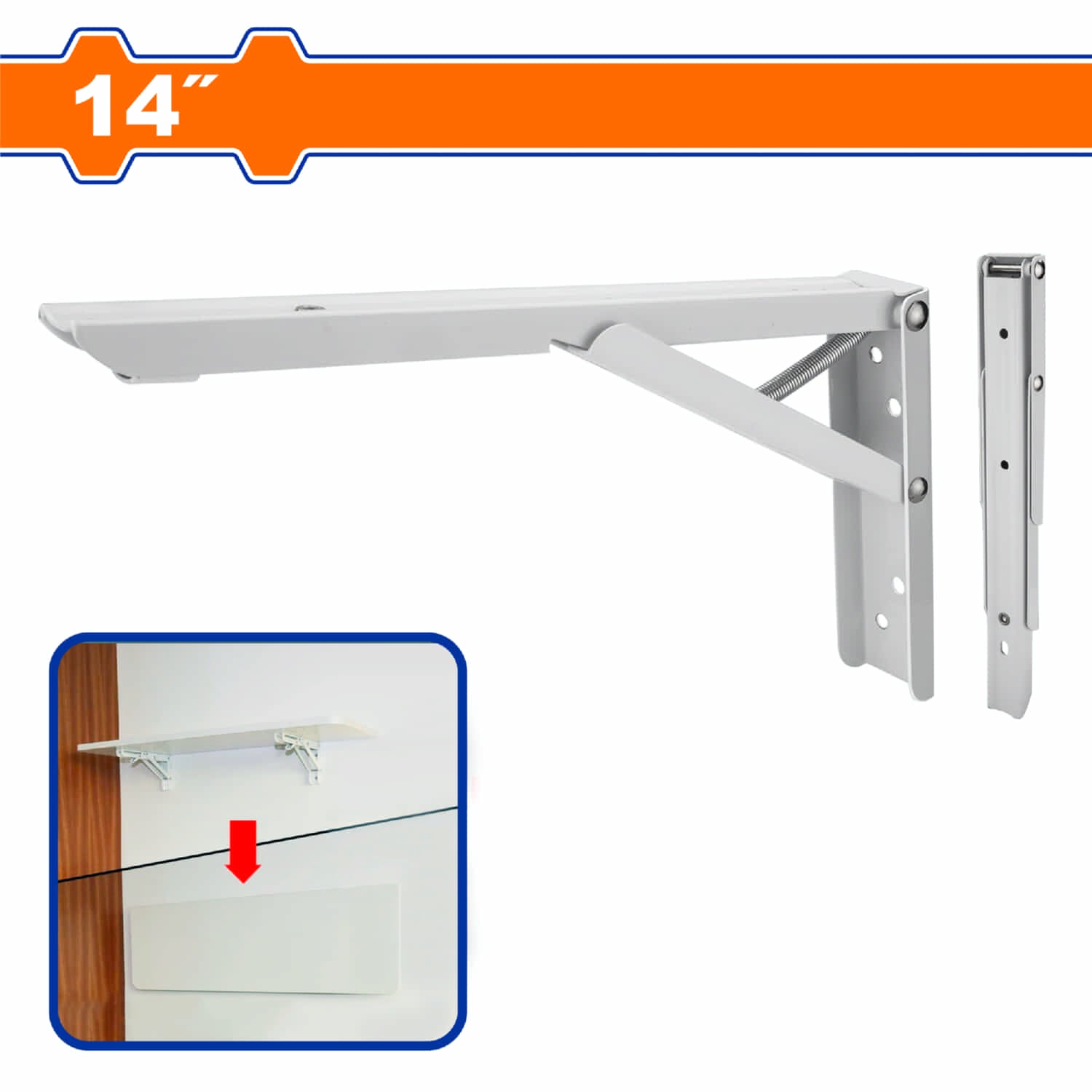 Soporte de Repisas Plegable 14" Blanco 1.4mm Capac 30Kg 8 puntos de fijacion. No incluye accesorios. Pie de Amigo.