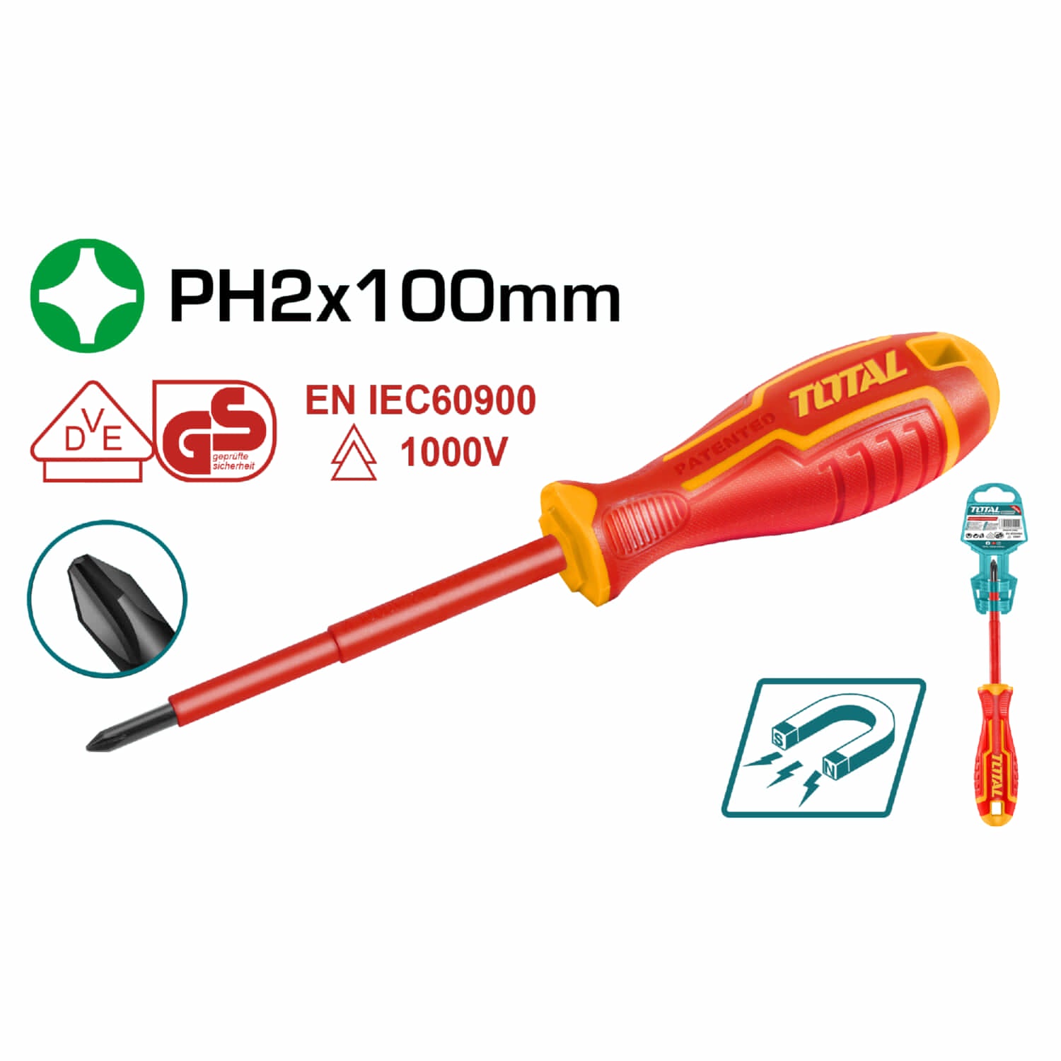 Destornillador insulado de estrella PH2 mm. Largo 100 mm. Cr-V. 1000volts. Certificado VDE