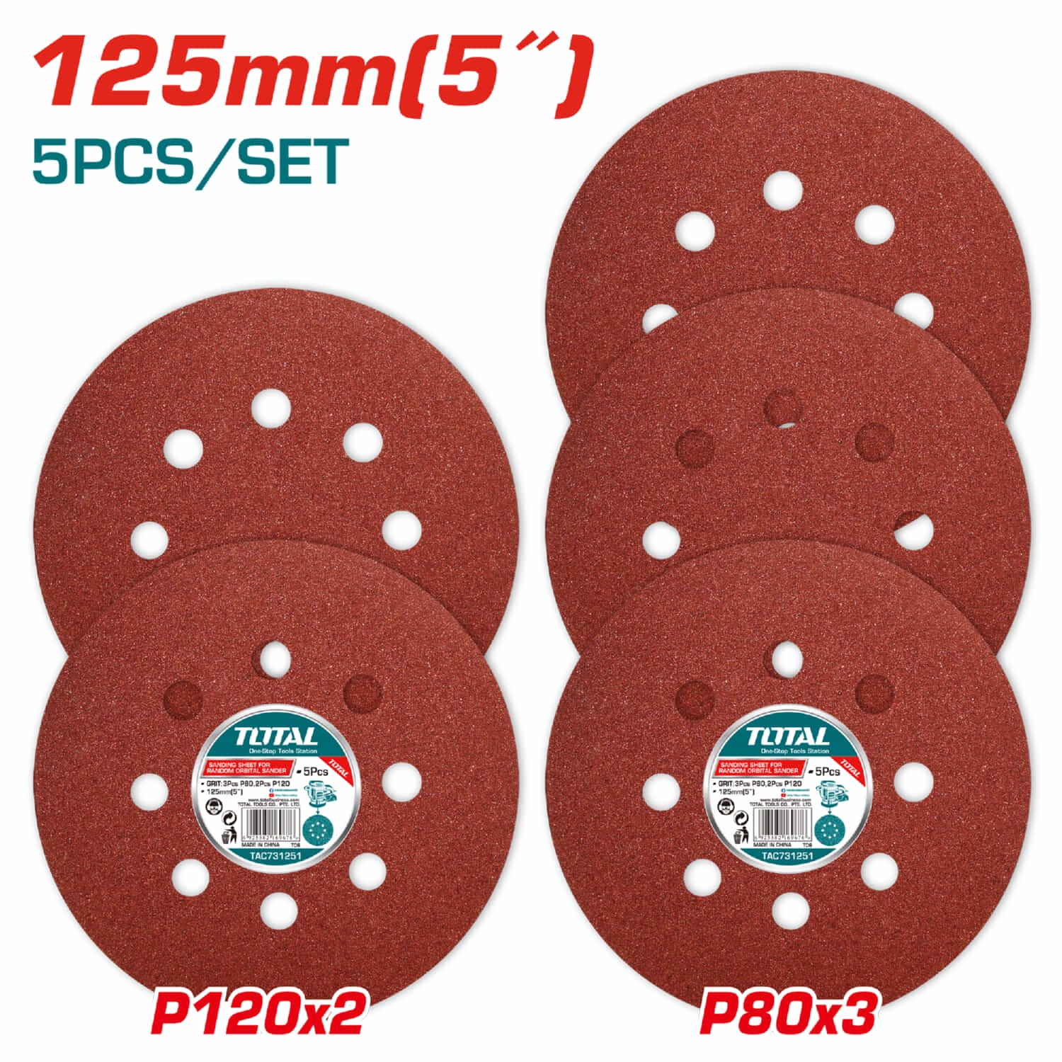 Juego de Discos de Lija para Lijadora Orbital de 125mm. 3 pzas P80 y 2 pzas P120.