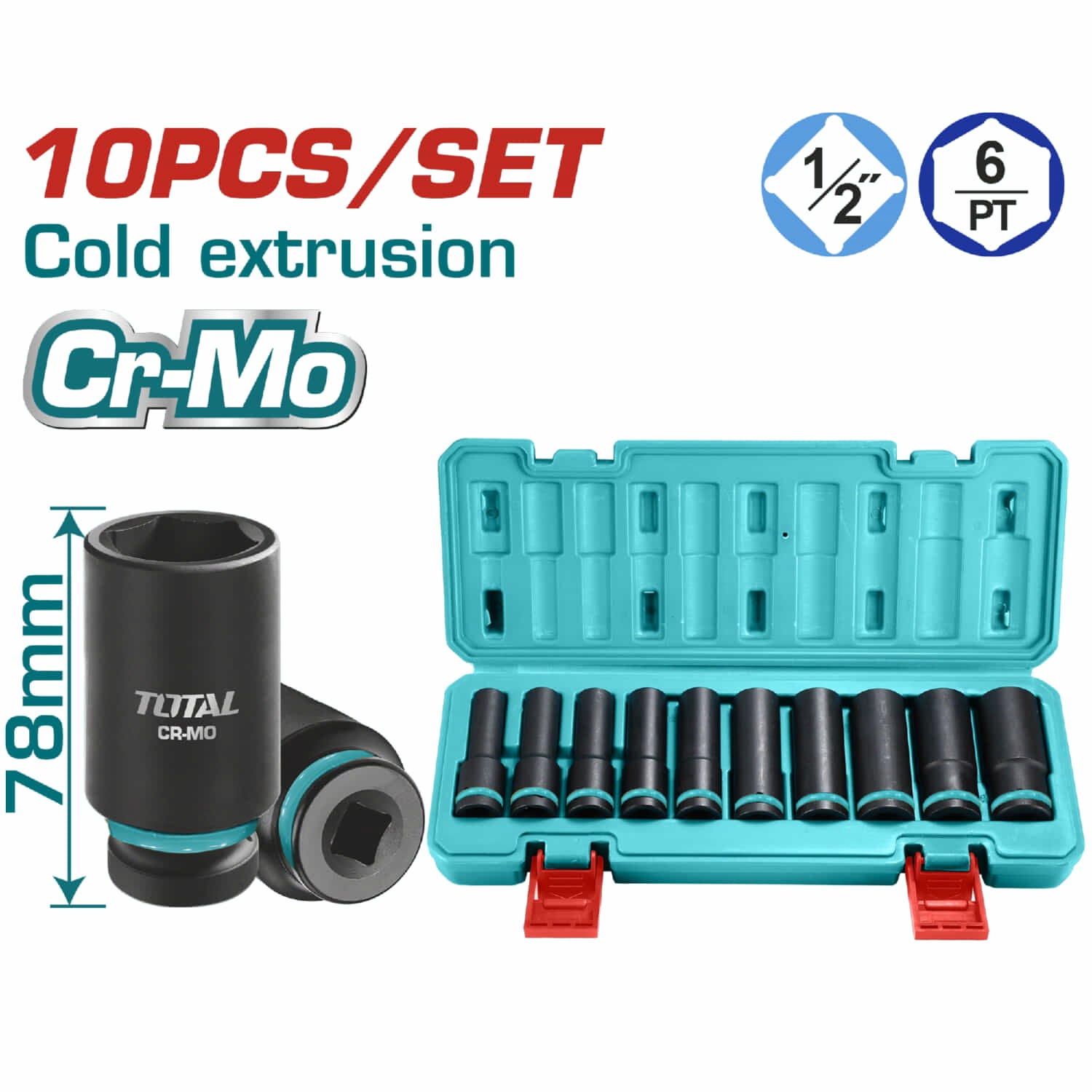 Juego de Dados Socket Largos de Impacto de 1/2" DR. de 10 Piezas. Largo: 78 mm. CrMo.
