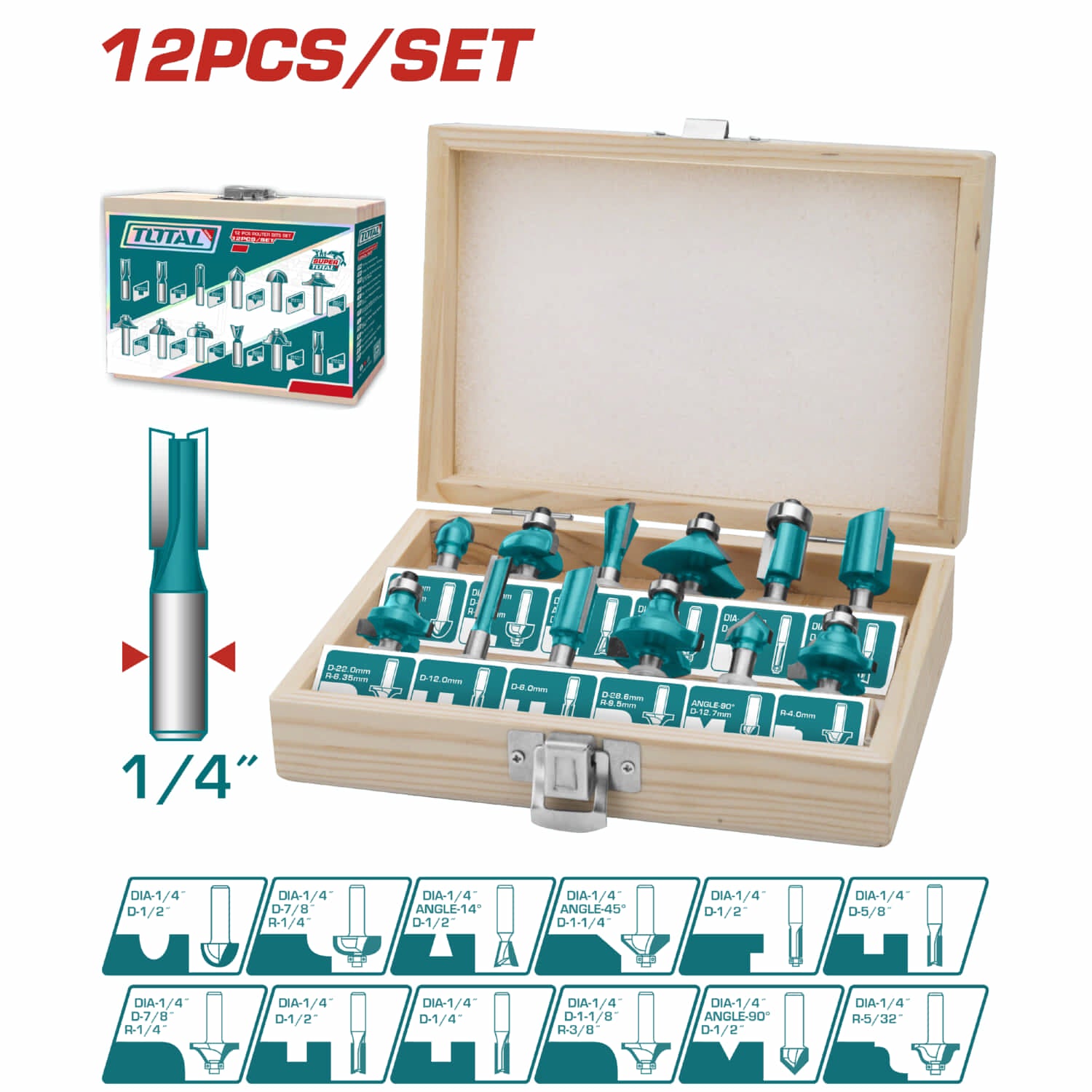 Maletin mixto de 12 pcs de puntas para router de 1/4". Alta Calidad.