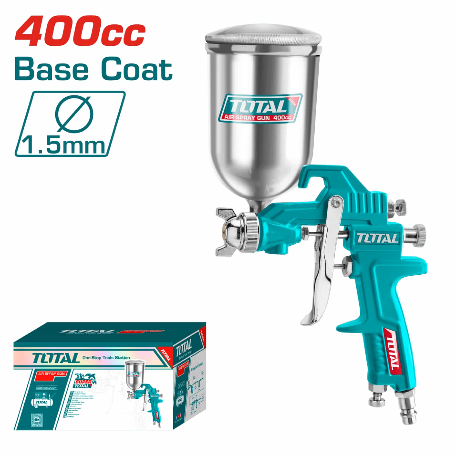 Pistola Spray. Boquilla 1.5 mm. Ajuste de Ancho de Salida 180-250 mm. Capacidad de Pintura 400 cc.