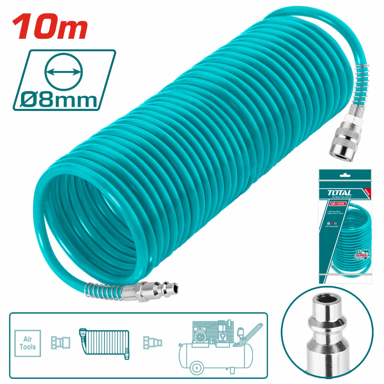 Manguera de aire para compresor 10mts. Material PU. Coupling rapido americano. Diametro 6/8 mm