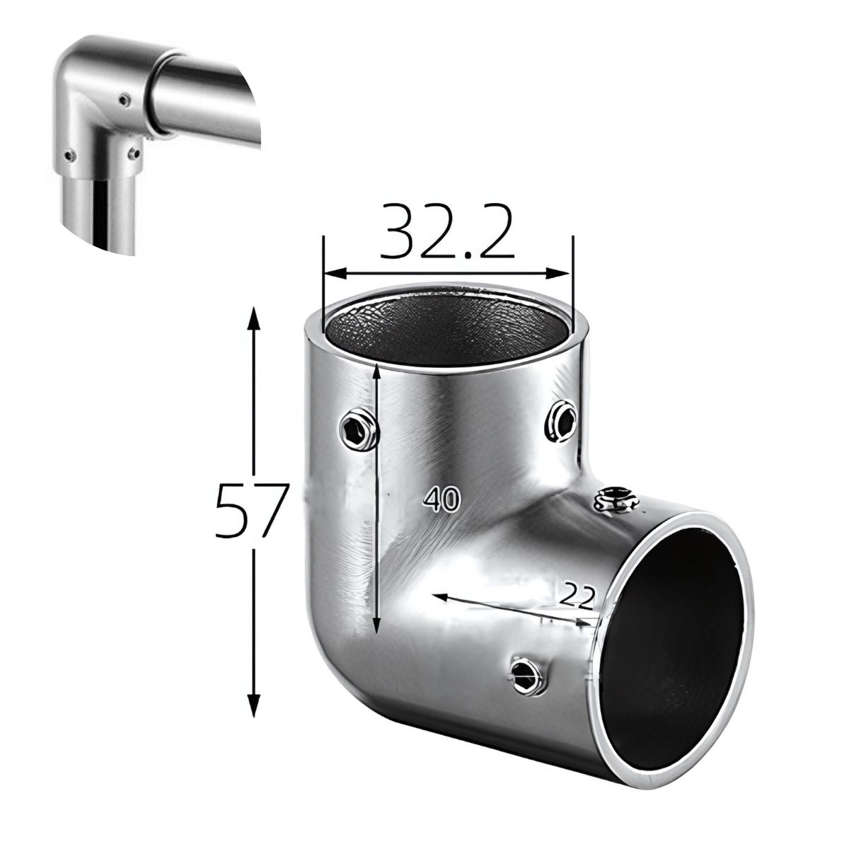 Codo 90° en Acero Inoxidable 304 para Tubo de 32 mm. Para Barandales, Pasamanos y Mobiliario. Acabado Satinado con Fijación por Tornillo.