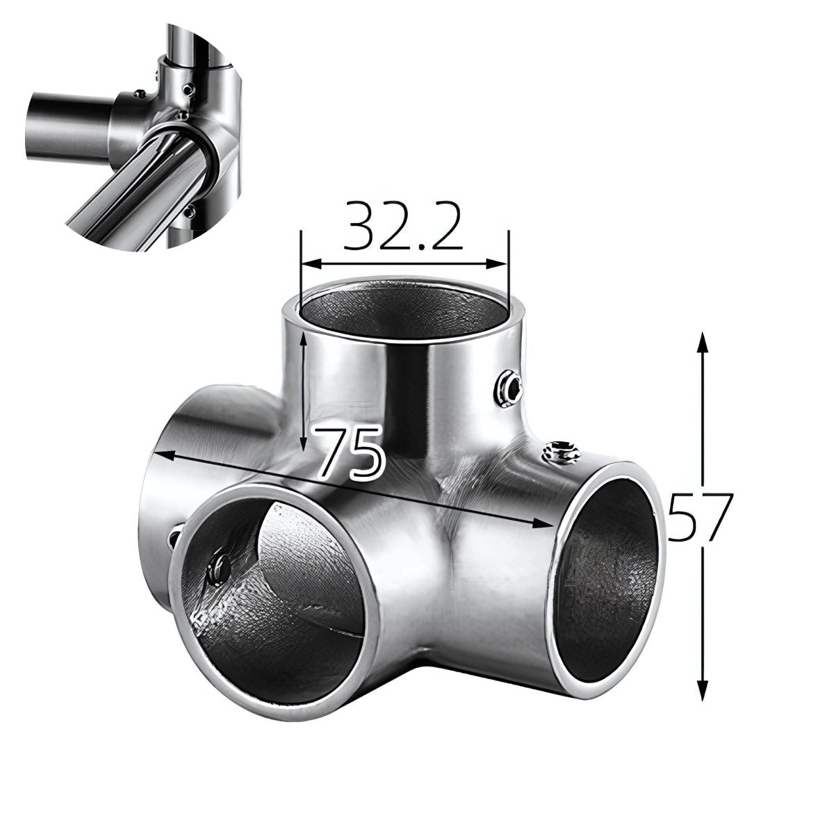 Conector Cruz 4 Vías 90° en Acero Inoxidable 304 para Tubos de 32 mm. Ideal para Barandales, Pasamanos y Estructuras Metálicas.